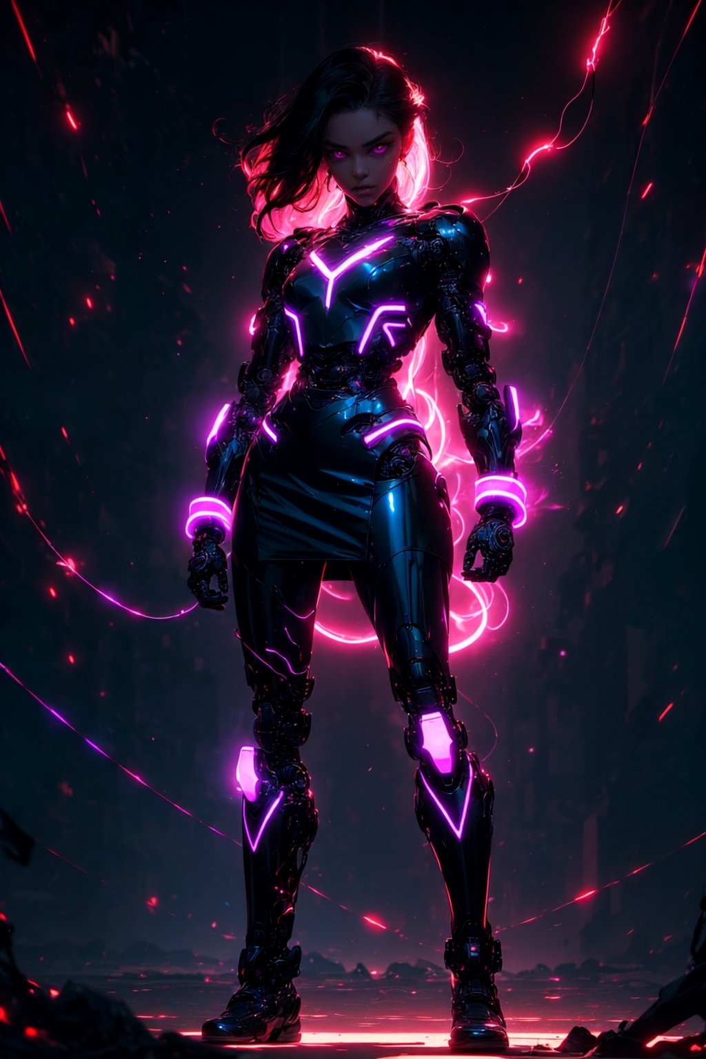 full body of cyborg lady, cybernetic jaw, mechanical parts, white shirt, unbottoned, black latex skirt, metal skin, glowing red eyes, cables, wires, black hair, simple background,(fighting pose)masterpiece, best quality, realistic, ultra highres, depth of field, (full dual colour neon lighting:1.2), (detailed face:1.2), (detailed eyes:1.2), (detailed background:1.2), (mountain:1) (masterpiece:1.2), (ultra detailed), (best quality), intricate, comprehensive cinematic, magical photography, (gradients), colorful, detailed landscape, visual key, shiny skin,r1ge