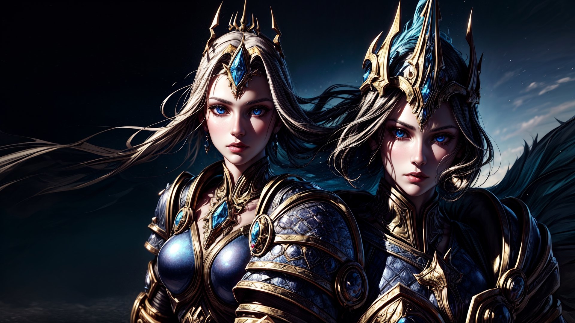 2 girl
random hair 
standing side by side
golden armor
wearing armor  ,Young beauty spirit ,wowdk,photorealistic