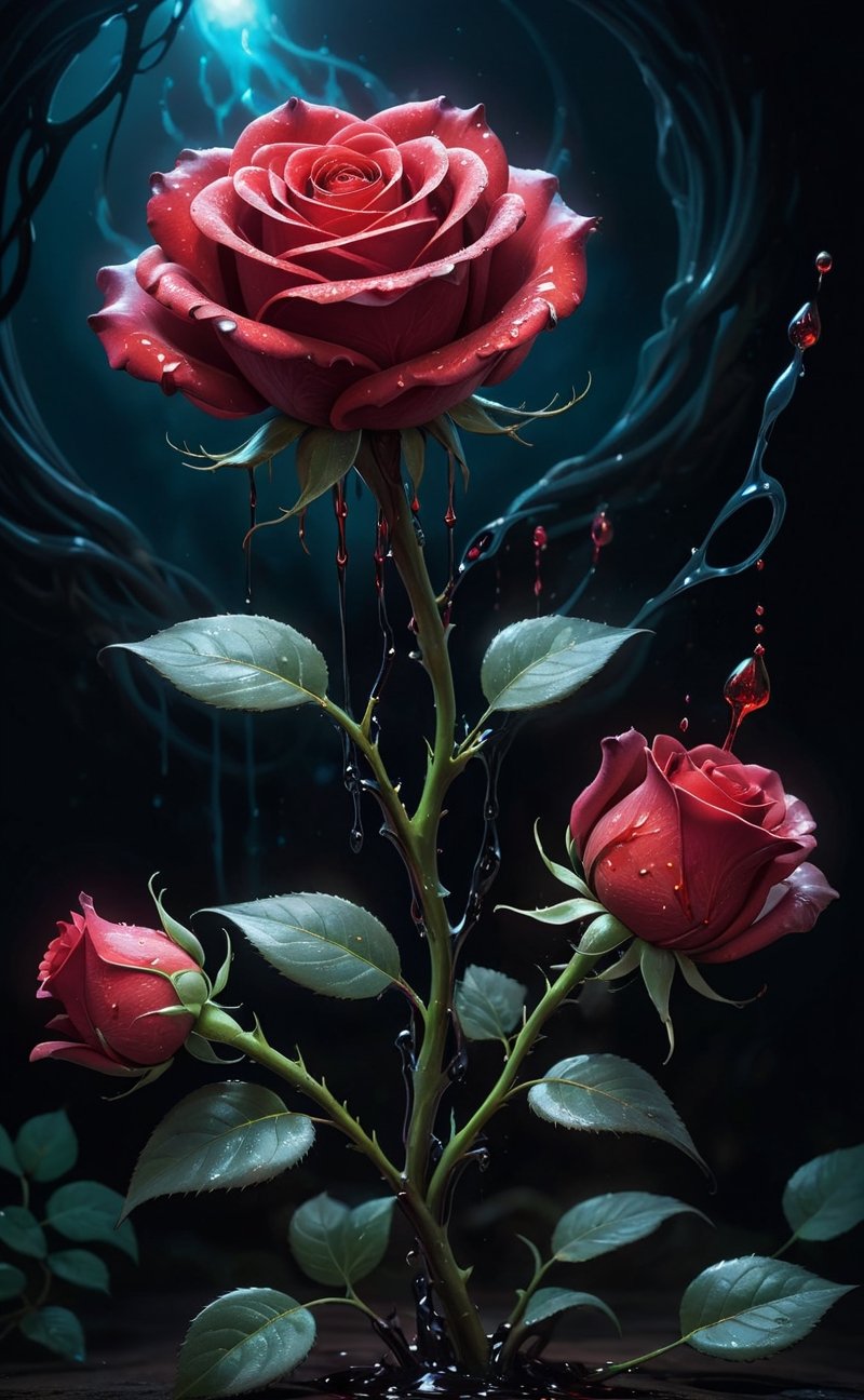 An ominous, bioluminescent rose unfurls its sinister, red petals. They exude toxic, glowing radiance, dripping with viscous goo, while dark energy oozes from within.