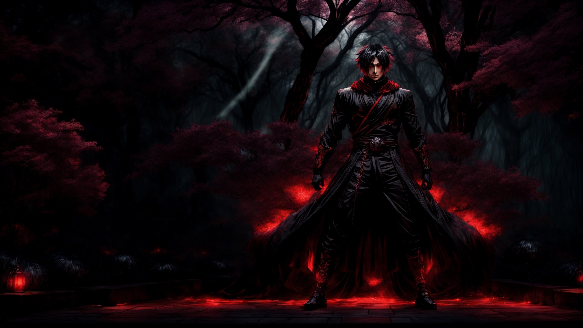 (Anime-style:1.3), (Dark and intense:1.2), A striking anime character, shrouded in shadows and poised for battle, stands against a deep crimson background adorned with menacing chains. Glowing red hollow fire particles dance around the scene, creating an otherworldly ambiance. The unique pastel look adds an ethereal touch to this dramatic and visually intense composition.