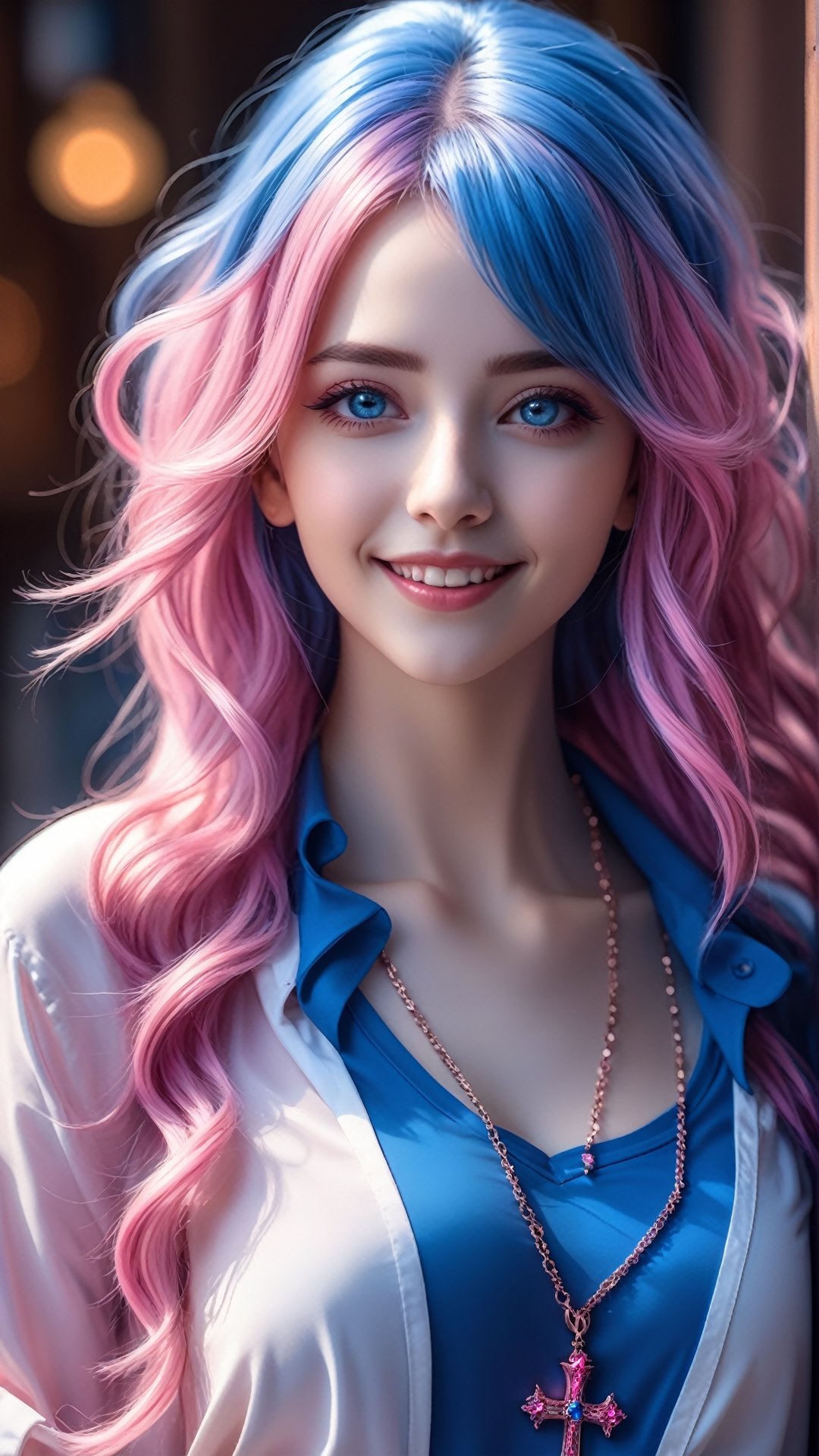 1girl, photorealistic, naughty face, multicolored hair, pink hair, blue hair, rolling_eyes, cross-eyed, ahegao, open mouth, evil smile,(RAW photo, best quality), (realistic, photo-Realistic:1.3), best quality, masterpiece, beautiful and aesthetic, 16K, (HDR:1.4), high contrast, (vibrant color:1.4), (muted colors, dim colors, soothing tones:0), cinematic lighting, ambient lighting, sidelighting, Exquisite details and textures, cinematic shot, Warm tone, (Bright and intense:1.2), ultra realistic illustration, siena natural ratio, 	(fantasy theme:1.4),	very long curly hair, (pink|blue hair:1.5), shirt unbuttoned,	a beautiful Ukrainian model, 	blue eyes,	Ruby necklace, bracelet, provocative, looking at the viewer