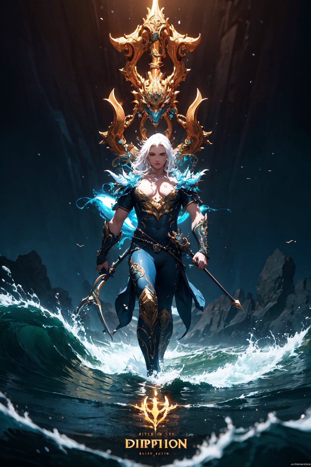 Poseidon, lord of the seas, glowing white eyes, wearing blue garments, trident in hand, commanding the waves of the seas, full body portrait dim volumetric lighting, 8k octane beautifully detailed render, post-processing, portrait, extremely hyper-detailed, intricate, epic composition, cinematic lighting, masterpiece, very very detailed, masterpiece, stunning Detailed matte painting, deep color, fantastical, intricate detail, splash screen, complementary colors, fantasy concept art, 8k resolution trending on Artstation Unreal Engine 5