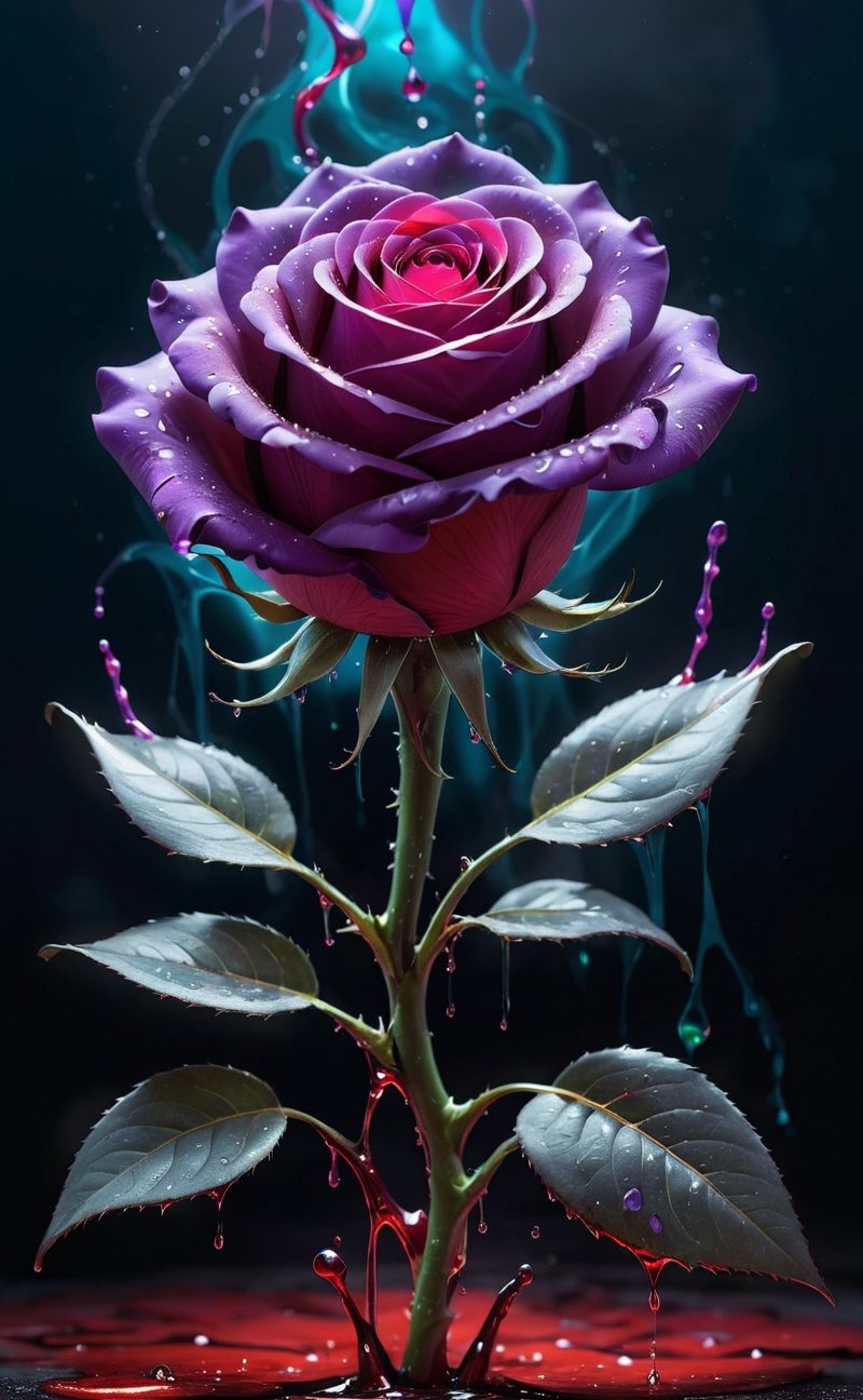 An ominous, bioluminescent purple rose unfurls its sinister, red petals. They exude toxic, glowing radiance, dripping with viscous goo, while dark energy oozes from within.