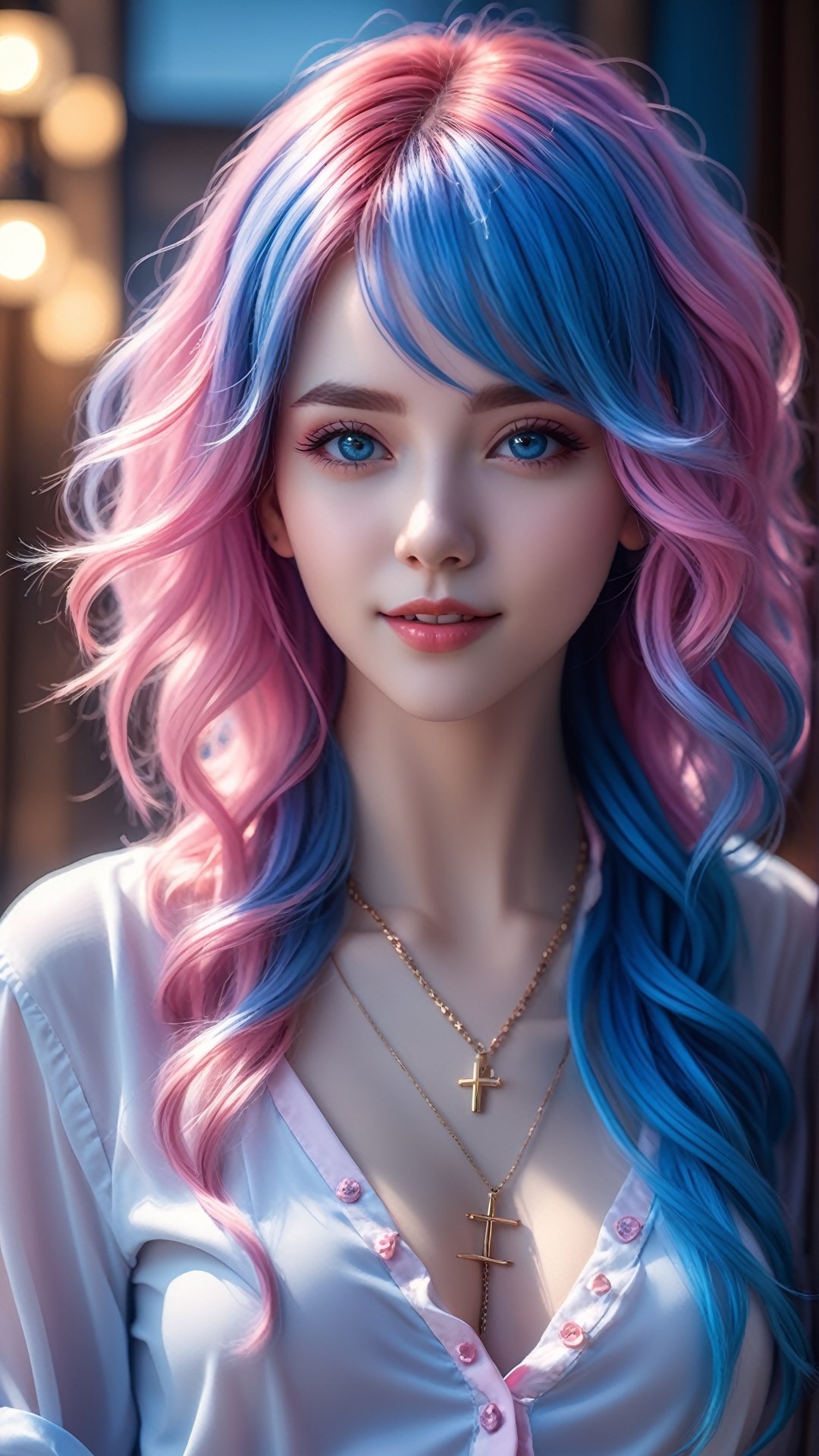 1girl, photorealistic, naughty face, multicolored hair, pink hair, blue hair, rolling_eyes, cross-eyed, ahegao, open mouth, evil smile,(RAW photo, best quality), (realistic, photo-Realistic:1.3), best quality, masterpiece, beautiful and aesthetic, 16K, (HDR:1.4), high contrast, (vibrant color:1.4), (muted colors, dim colors, soothing tones:0), cinematic lighting, ambient lighting, sidelighting, Exquisite details and textures, cinematic shot, Warm tone, (Bright and intense:1.2), ultra realistic illustration, siena natural ratio, 	(fantasy theme:1.4),	very long curly hair, (pink|blue hair:1.5), shirt unbuttoned,	a beautiful Ukrainian model, 	blue eyes,	Ruby necklace, bracelet, provocative, looking at the viewer