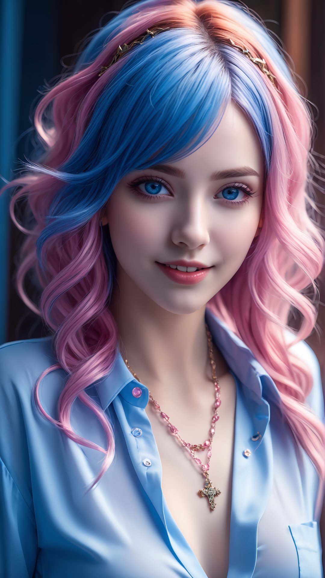 1girl, photorealistic, naughty face, multicolored hair, pink hair, blue hair, rolling_eyes, cross-eyed, ahegao, open mouth, evil smile,(RAW photo, best quality), (realistic, photo-Realistic:1.3), best quality, masterpiece, beautiful and aesthetic, 16K, (HDR:1.4), high contrast, (vibrant color:1.4), (muted colors, dim colors, soothing tones:0), cinematic lighting, ambient lighting, sidelighting, Exquisite details and textures, cinematic shot, Warm tone, (Bright and intense:1.2), ultra realistic illustration, siena natural ratio, 	(fantasy theme:1.4),	very long curly hair, (pink|blue hair:1.5), shirt unbuttoned,	a beautiful Ukrainian model, 	blue eyes,	Ruby necklace, bracelet, provocative, looking at the viewer