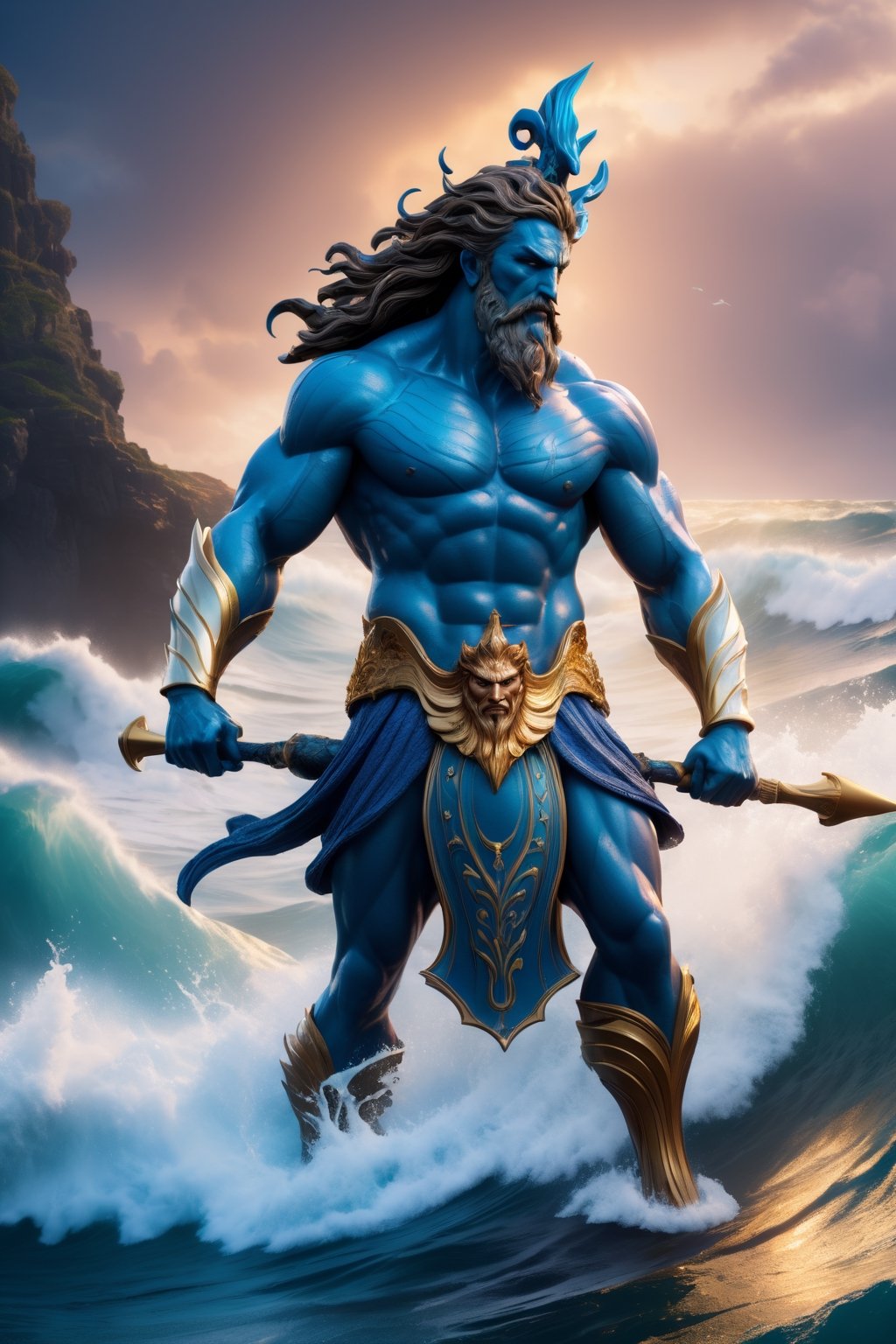 Poseidon, lord of the seas, glowing white eyes, wearing blue garments, trident in hand, commanding the waves of the seas, full body portrait dim volumetric lighting, 8k octane beautifully detailed render, post-processing, portrait, extremely hyper-detailed, intricate, epic composition, cinematic lighting, masterpiece, very very detailed, masterpiece, stunning Detailed matte painting, deep color, fantastical, intricate detail, splash screen, complementary colors, fantasy concept art, 8k resolution trending on Artstation Unreal Engine 5