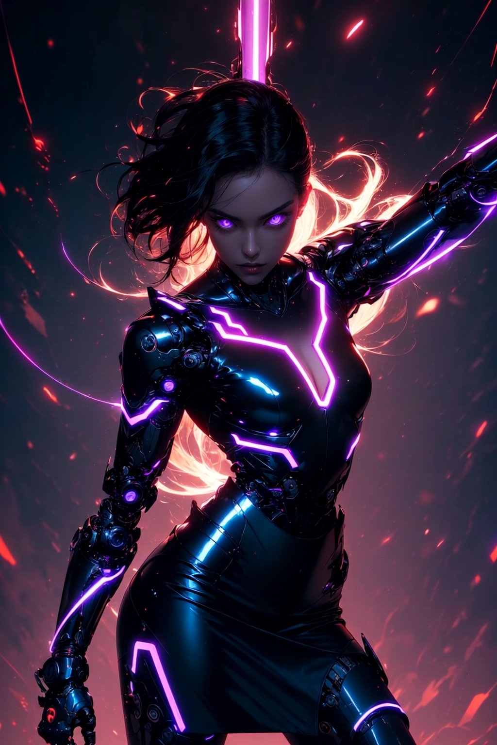 full body of cyborg lady, cybernetic jaw, mechanical parts, white shirt, unbottoned, black latex skirt, metal skin, glowing red eyes, cables, wires, black hair, simple background,(fighting pose)masterpiece, best quality, realistic, ultra highres, depth of field, (full dual colour neon lighting:1.2), (detailed face:1.2), (detailed eyes:1.2), (detailed background:1.2), (mountain:1) (masterpiece:1.2), (ultra detailed), (best quality), intricate, comprehensive cinematic, magical photography, (gradients), colorful, detailed landscape, visual key, shiny skin,r1ge