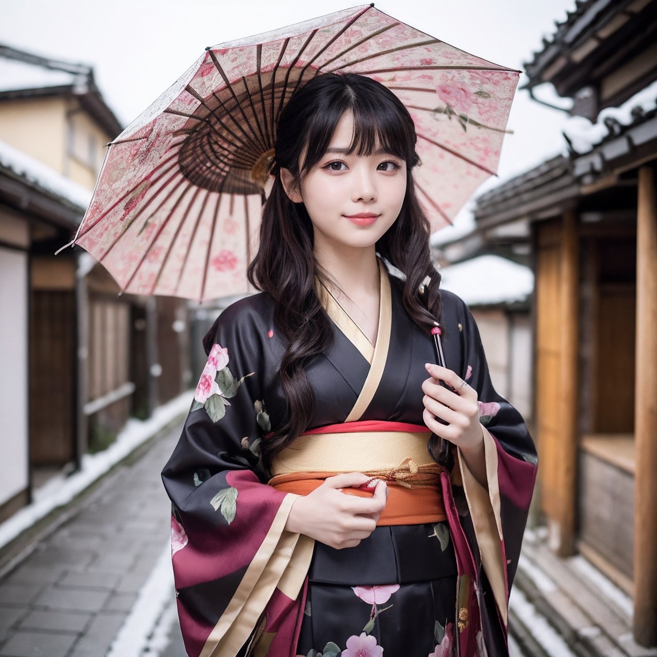 A beautiful woman walking in Gion, Kyoto ,wearing a kimono wine red color, Kimono with peony pattern, snow scene, long black hair, shy smile, 25 year old beautiful girl, beautiful detailed eyes, detailed face, double eyelid,1girl,solo, Beautiful japanese woman, beautiful skin, real human skin, Masterpiece,  Best Quality,  Very Detailed, 8k, Photorealistic,  soft focus,(Full-body:1.3),standing pose, She is holding a polka dot Japanese big size umbrella in her right hand,