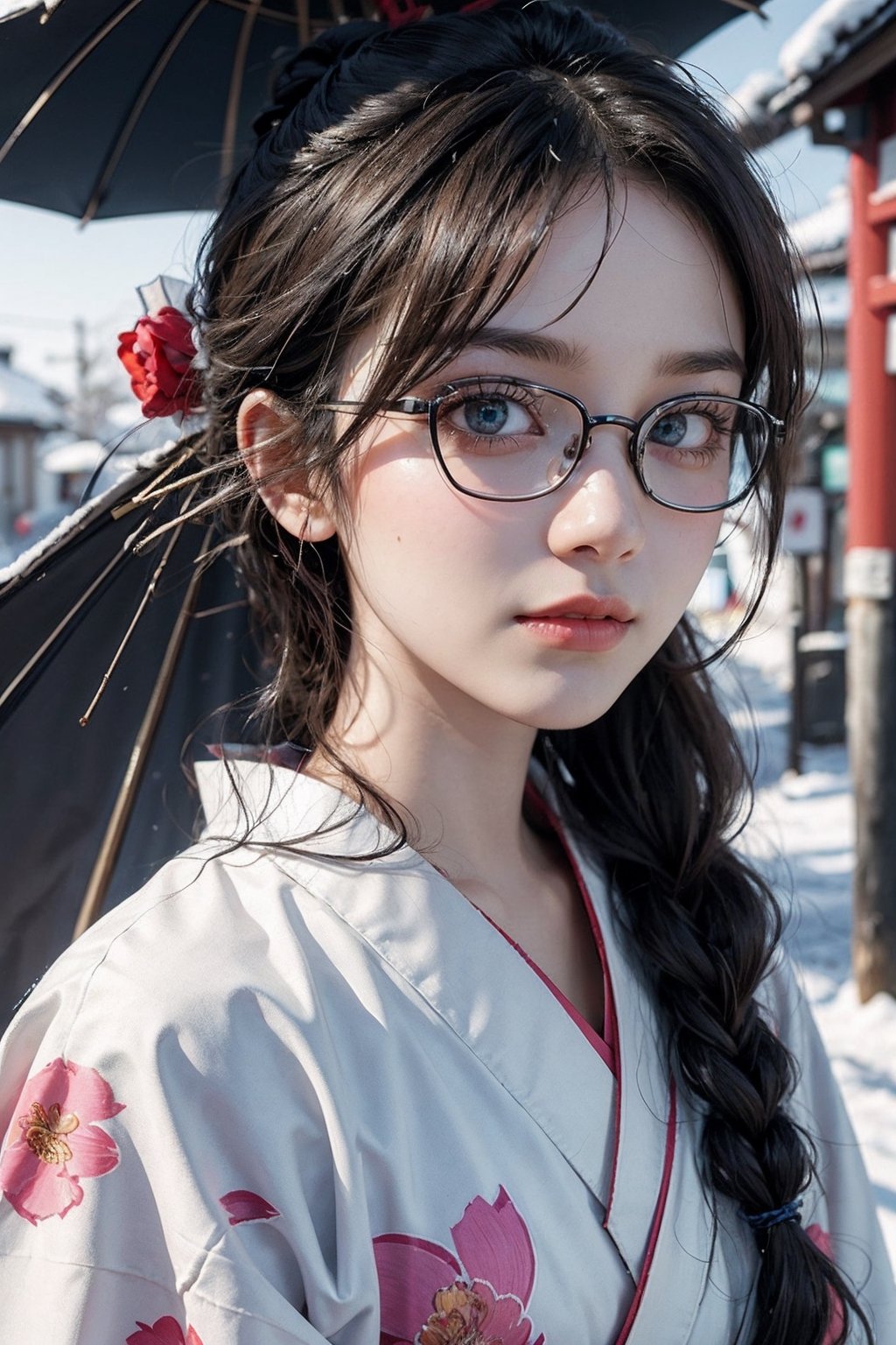 A beautiful woman walking in Gion, Kyoto wearing a kimono, Kimono with peony pattern, snow scene, long black hair and wears glasses, shy smile, 25 year old beautiful girl, beautiful detailed eyes, detailed face, double eyelid,1girl,solo, Beautiful japanese woman, beautiful skin, real human skin, Masterpiece,  Best Quality,  Very Detailed, 8k,  close-up shot,  Photorealistic,  soft focus,