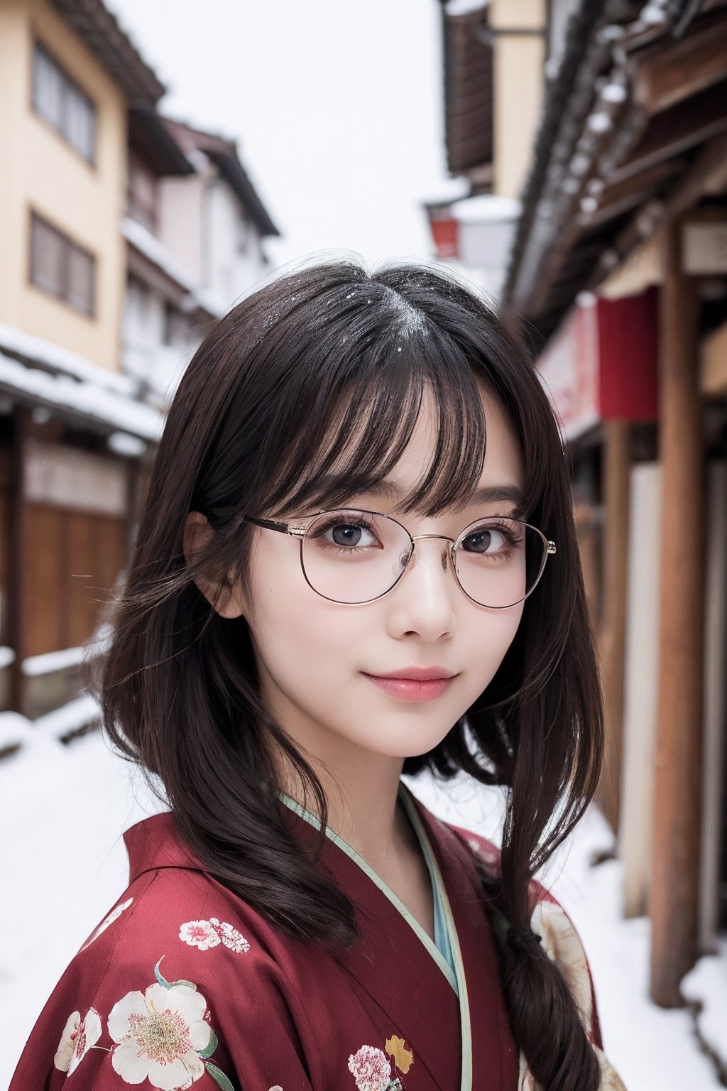 A beautiful woman walking in Gion, Kyoto ,wearing a kimono wine red color, Kimono with peony pattern, snow scene, long black hair and wears glasses, shy smile, 25 year old beautiful girl, beautiful detailed eyes, detailed face, double eyelid,1girl,solo, Beautiful japanese woman, beautiful skin, real human skin, Masterpiece,  Best Quality,  Very Detailed, 8k,  close-up shot,  Photorealistic,  soft focus,(Full-body:1.3),