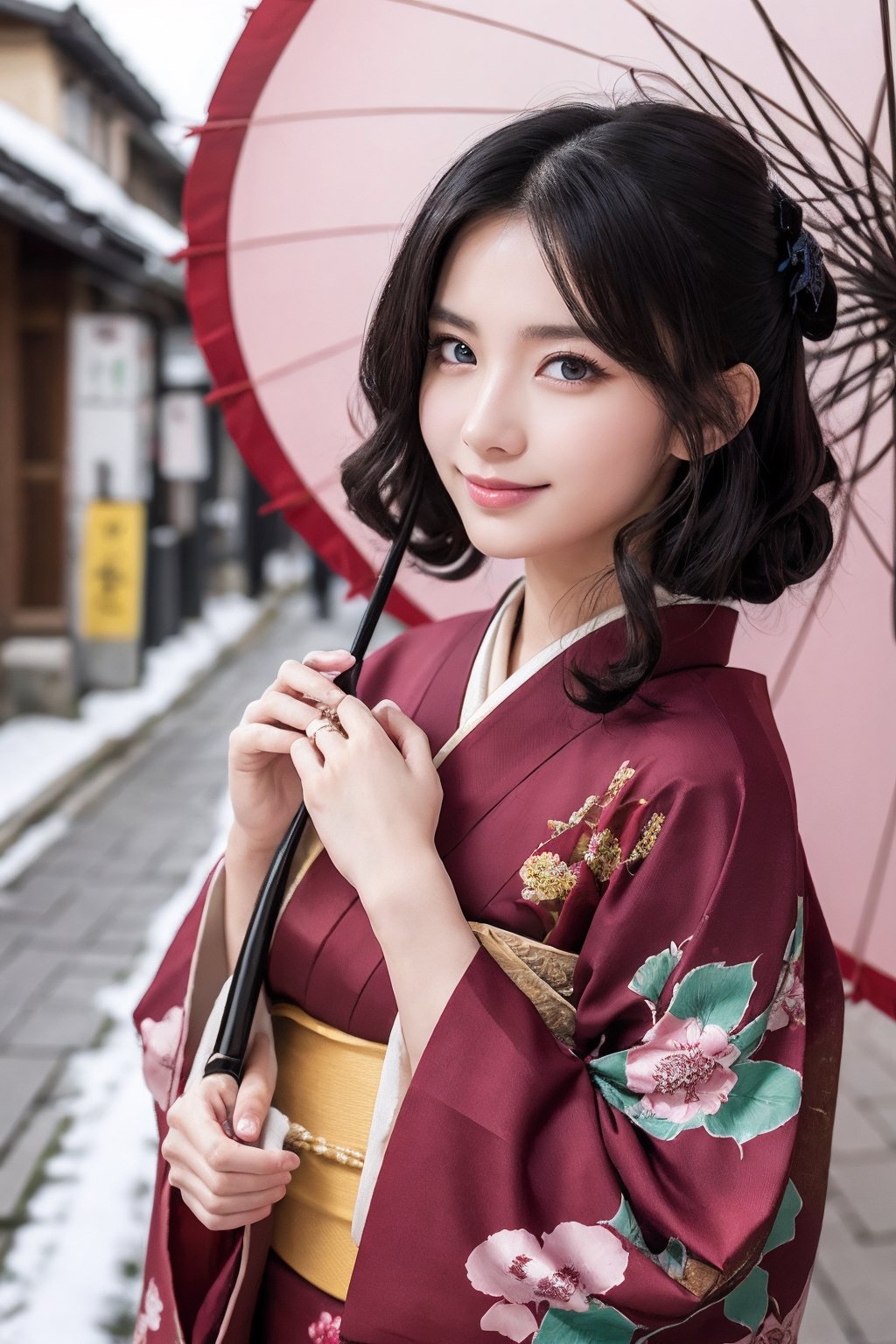 A beautiful woman walking in Gion, Kyoto ,wearing a kimono wine red color, Kimono with peony pattern, snow scene, long black hair, shy smile, 25 year old beautiful girl, beautiful detailed eyes, detailed face, double eyelid,1girl,solo, Beautiful japanese woman, beautiful skin, real human skin, Masterpiece,  Best Quality,  Very Detailed, 8k, Photorealistic,  soft focus,(Half-body:1.3),standing pose, She is holding a polka dot Japanese big size umbrella in her right hand,