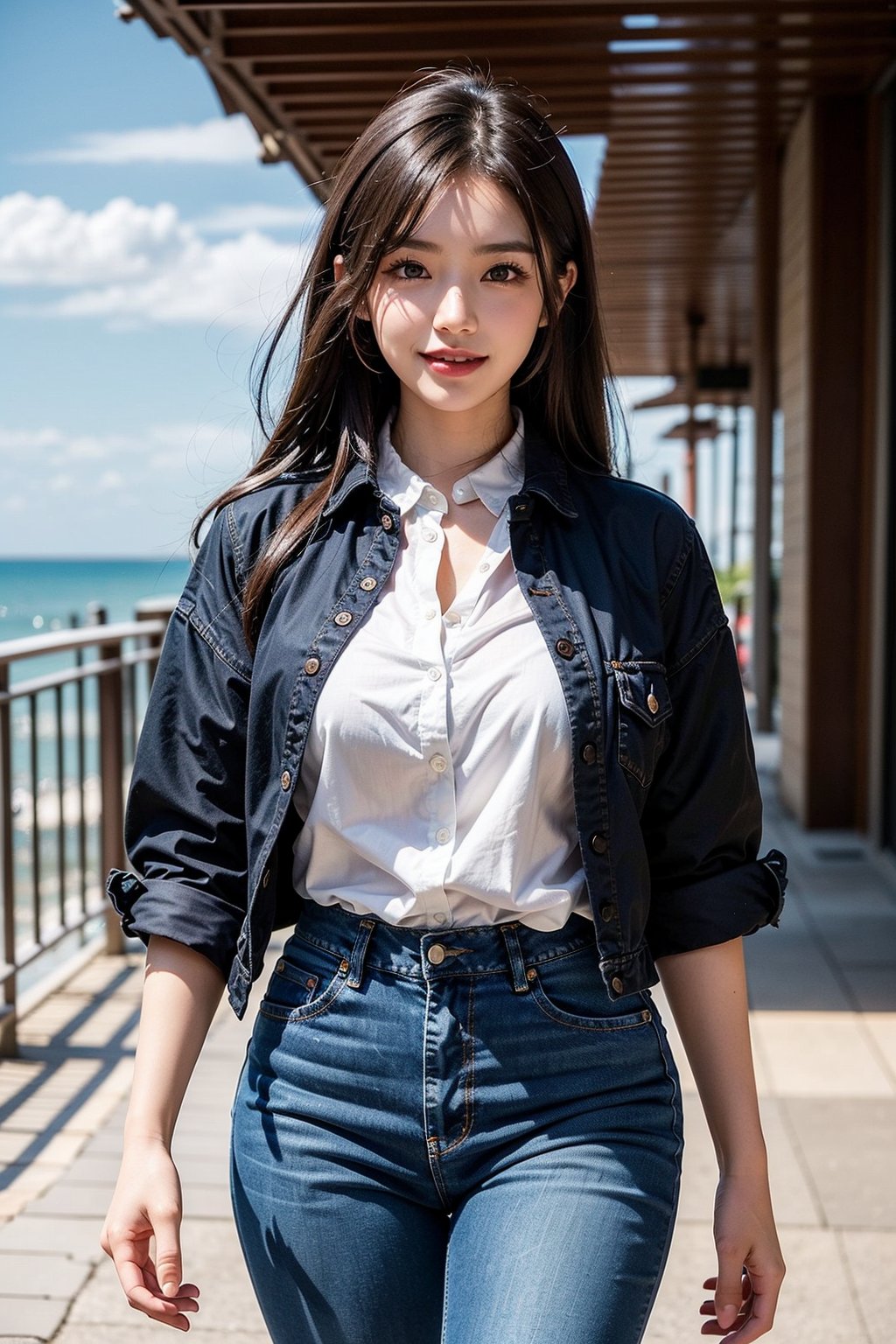 A stunning Japanese idol walks along the seaside promenade, basking in the warm glow of soft lighting. Her shiny skin glistens with a golden sheen, topped off with a perfectly coiffed Black hairdo. Brown eyes sparkle like polished gemstones, and luscious red lips curve into a gentle goddess-like smile. She wears a striking Red checked flare one-piece shirt and black jeans, accentuating her well-defined curves. The Cowboy hat adorned with a feather adds a touch of rugged charm to her demure demeanor. As she strides confidently along the promenade, the rainbow on the horizon serves as a breathtaking backdrop. Framed by the majestic oceanfront scenery, this beautiful girl exudes confidence and allure.