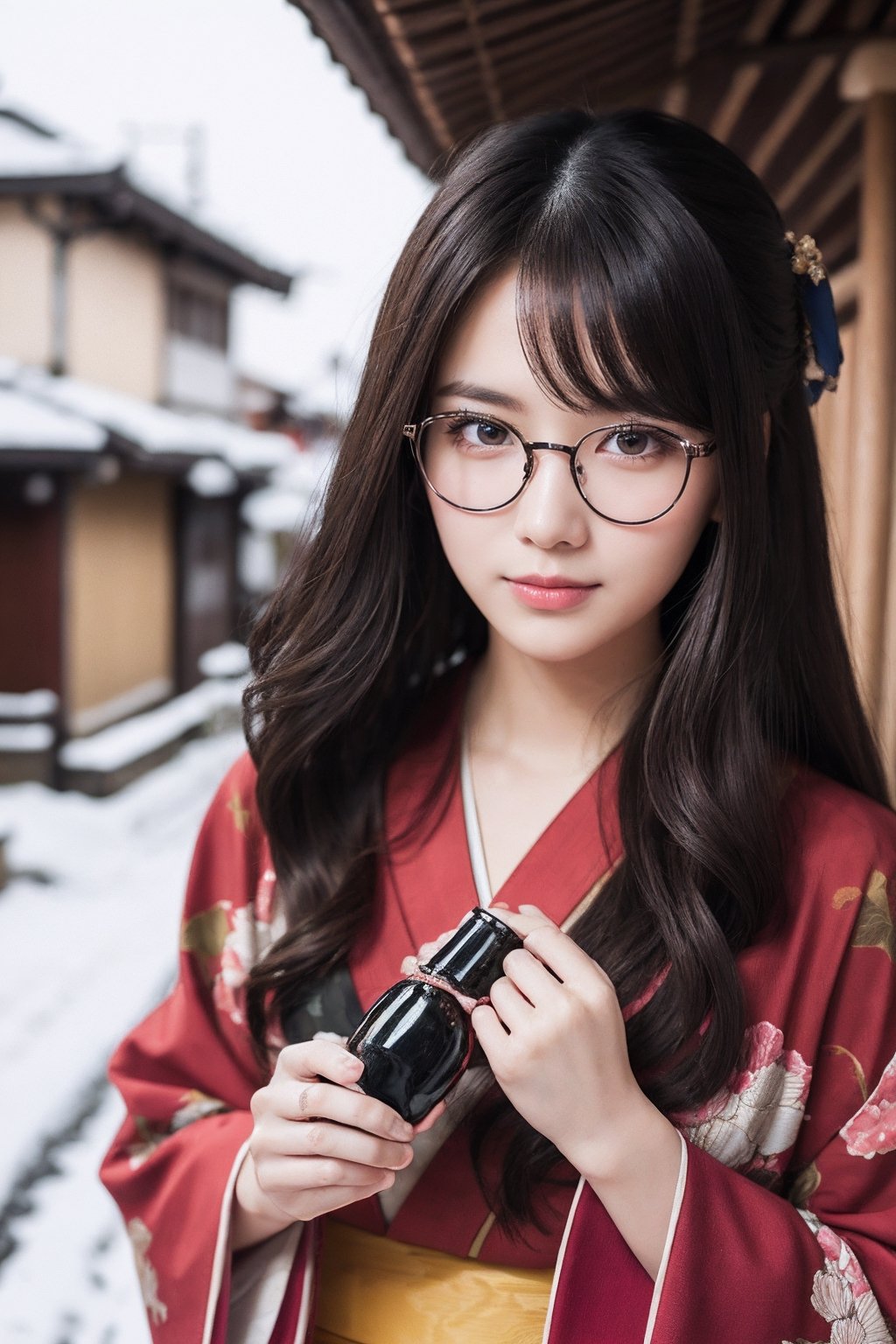 A beautiful woman walking in Gion, Kyoto ,wearing a kimono wine red color, Kimono with peony pattern, snow scene, long black hair and wears glasses, shy smile, 25 year old beautiful girl, beautiful detailed eyes, detailed face, double eyelid,1girl,solo, Beautiful japanese woman, beautiful skin, real human skin, Masterpiece,  Best Quality,  Very Detailed, 8k,  close-up shot,  Photorealistic,  soft focus,(Full-body:1.3),standing pose,