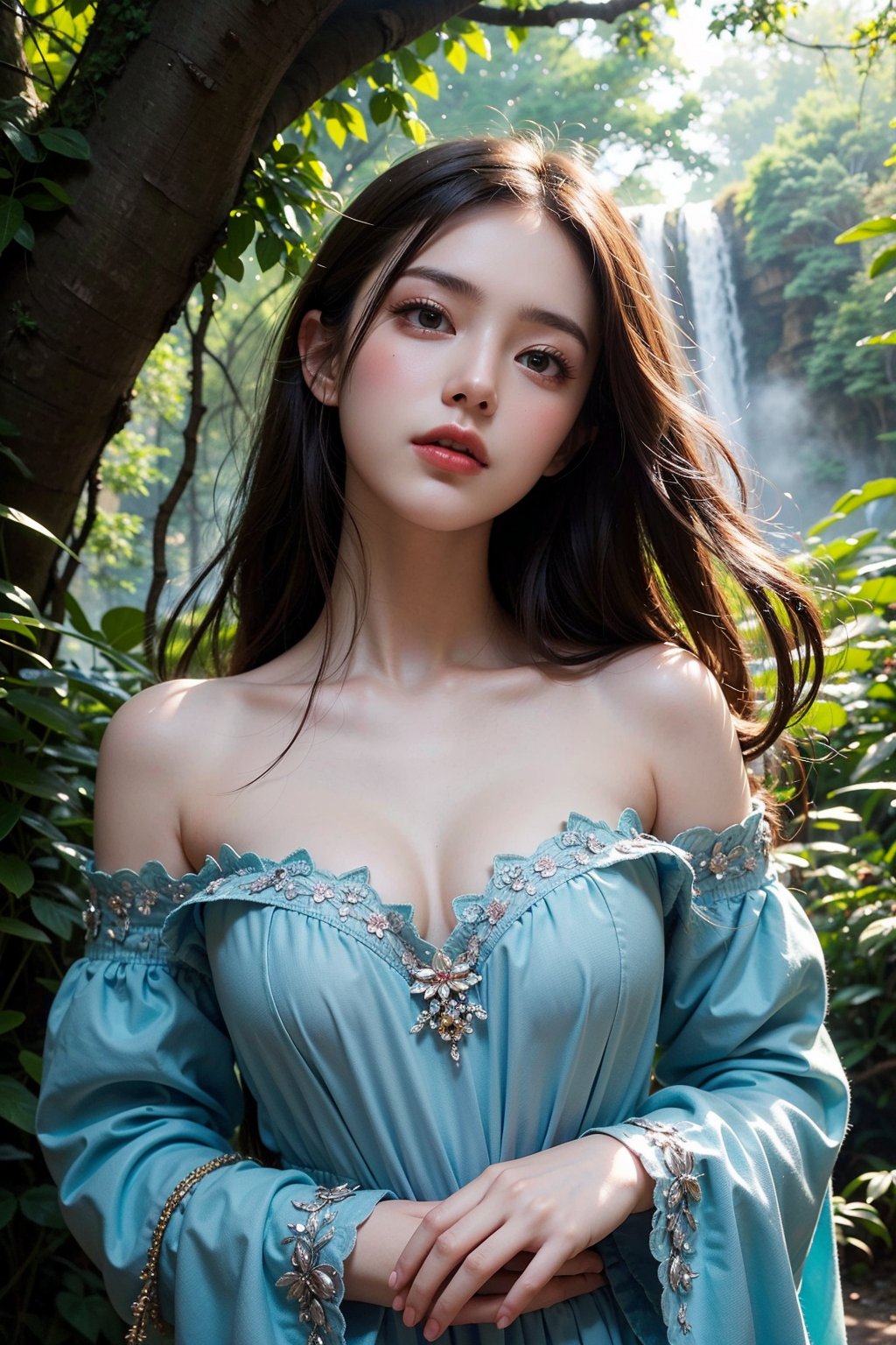 (highres,best quality),detailed woman,detailed face,detailed eyes,looking up to the sky, Dark blue off shoulder dress,vibrant colors,landscape background,forest elements,waterfall,ethereal atmosphere,soft sunlight,serene expression,flowing hair,fantasy setting,magical ambiance,glowing flowers,delicate features,enchanted forest,rays of light,pastel hues,mystical creatures,majestic trees,sparkling water,dappled shadows,ethereal beauty,fierce yet elegant,graceful posture,strong connection with nature,mysterious eyes,wisdom and enchantment,unforgettable visual journey,masterpiece artwork