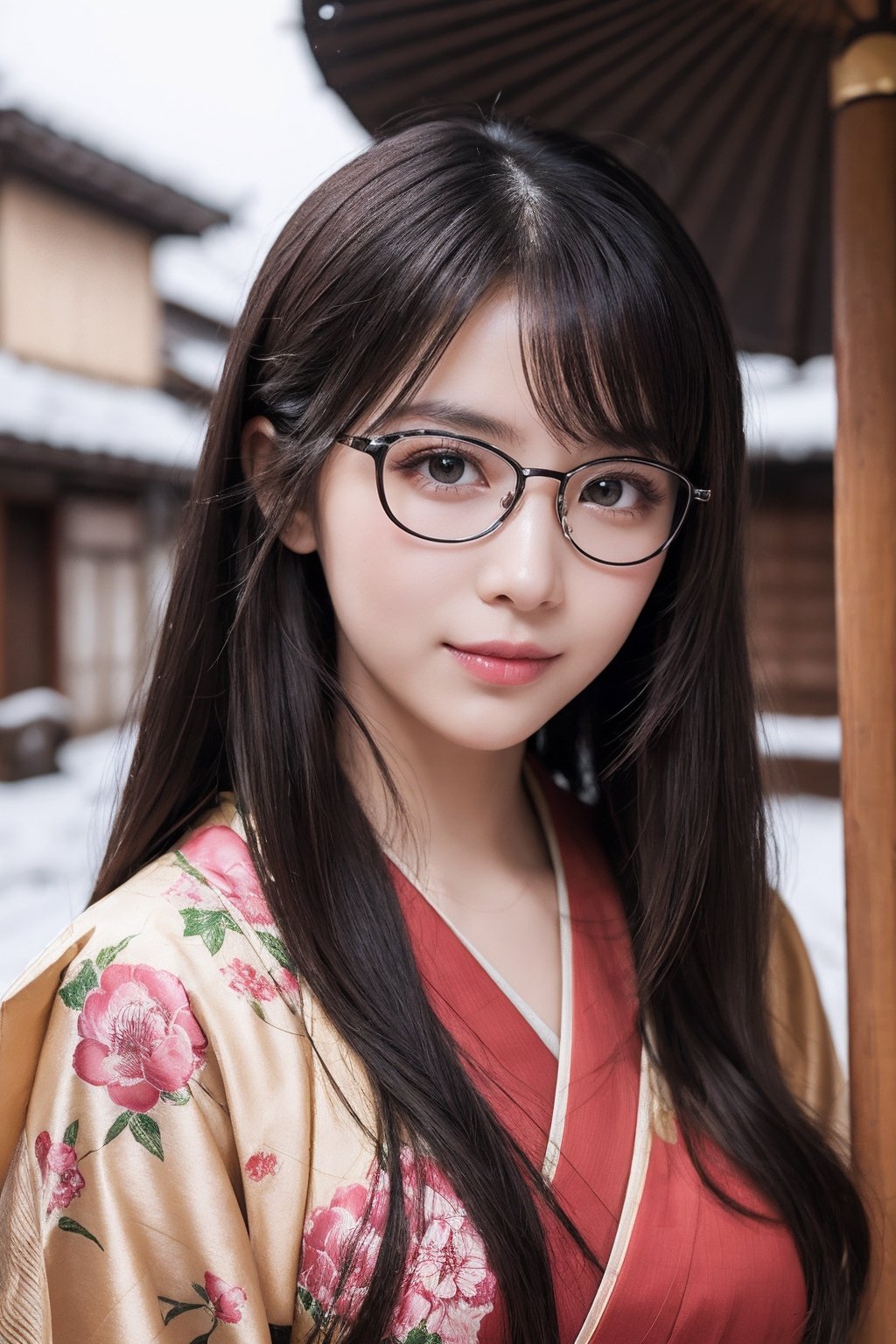 A beautiful woman walking in Gion, Kyoto ,wearing a kimono wine red color, Kimono with peony pattern, snow scene, long black hair and wears glasses, shy smile, 25 year old beautiful girl, beautiful detailed eyes, detailed face, double eyelid,1girl,solo, Beautiful japanese woman, beautiful skin, real human skin, Masterpiece,  Best Quality,  Very Detailed, 8k,  close-up shot,  Photorealistic,  soft focus,(Full-body:1.3),