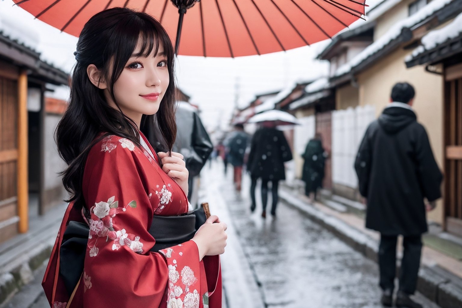 A beautiful woman walking in Gion, Kyoto ,wearing a kimono wine red color, Kimono with peony pattern, snow scene, long black hair, shy smile, 25 year old beautiful girl, beautiful detailed eyes, detailed face, double eyelid,1girl,solo, Beautiful japanese woman, beautiful skin, real human skin, Masterpiece,  Best Quality,  Very Detailed, 8k, Photorealistic,  soft focus,(Full-body:1.3),standing pose, She is holding a polka dot Japanese big size umbrella in her right hand,