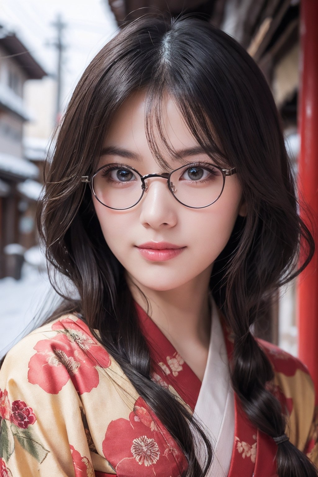 A beautiful woman walking in Gion, Kyoto ,wearing a kimono wine red color, Kimono with peony pattern, snow scene, long black hair and wears glasses, shy smile, 25 year old beautiful girl, beautiful detailed eyes, detailed face, double eyelid,1girl,solo, Beautiful japanese woman, beautiful skin, real human skin, Masterpiece,  Best Quality,  Very Detailed, 8k,  close-up shot,  Photorealistic,  soft focus,head to bust image scope,