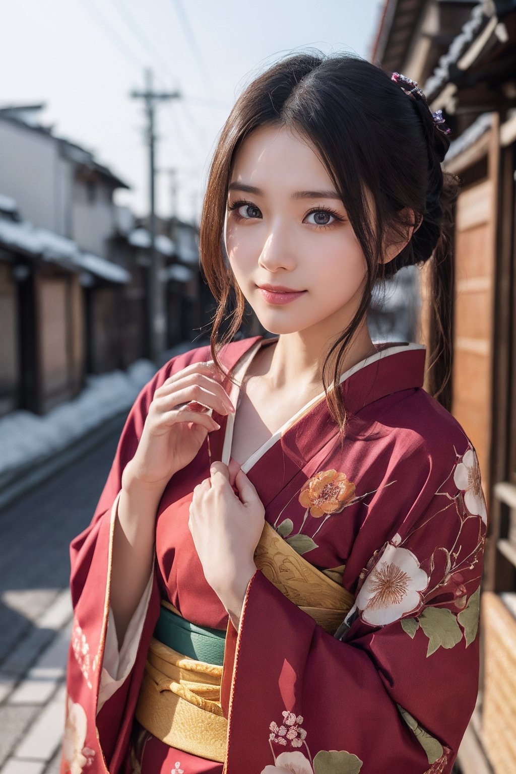 A beautiful woman walking in Gion, Kyoto ,wearing a kimono wine red color, Kimono with peony pattern, put on a uchikake ,snow scene, long black hair, shy smile, 25 year old beautiful girl, beautiful detailed eyes, detailed face, double eyelid,1girl,solo, Beautiful japanese woman, beautiful skin, real human skin, Masterpiece,  Best Quality,  Very Detailed, 8k, Photorealistic,  soft focus,(Half-body:1.3),standing pose, reach out to the audience,