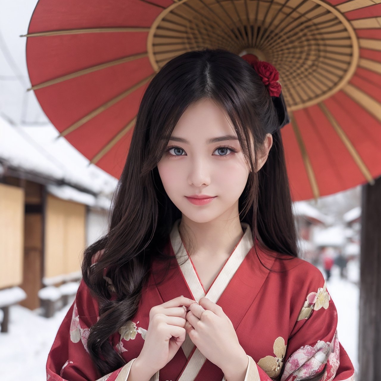 A beautiful woman walking in Gion, Kyoto ,wearing a kimono wine red color, Kimono with peony pattern, put on a uchikake ,snow scene, long black hair, shy smile, 25 year old beautiful girl, beautiful detailed eyes, detailed face, double eyelid,1girl,solo, Beautiful japanese woman, beautiful skin, real human skin, Masterpiece,  Best Quality,  Very Detailed, 8k, Photorealistic,  soft focus,(Half-body:1.3),standing pose, She is holding a polka dot Japanese big size umbrella in her right hand,