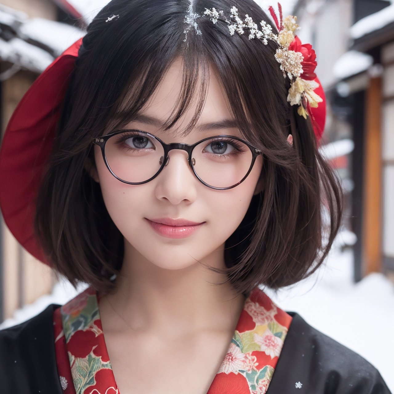 A beautiful woman walking in Gion, Kyoto ,wearing a kimono wine red color, Kimono with peony pattern, snow scene, long black hair and wears glasses, shy smile, 25 year old beautiful girl, beautiful detailed eyes, detailed face, double eyelid,1girl,solo, Beautiful japanese woman, beautiful skin, real human skin, Masterpiece,  Best Quality,  Very Detailed, 8k,  close-up shot,  Photorealistic,  soft focus,head to bust image scope,