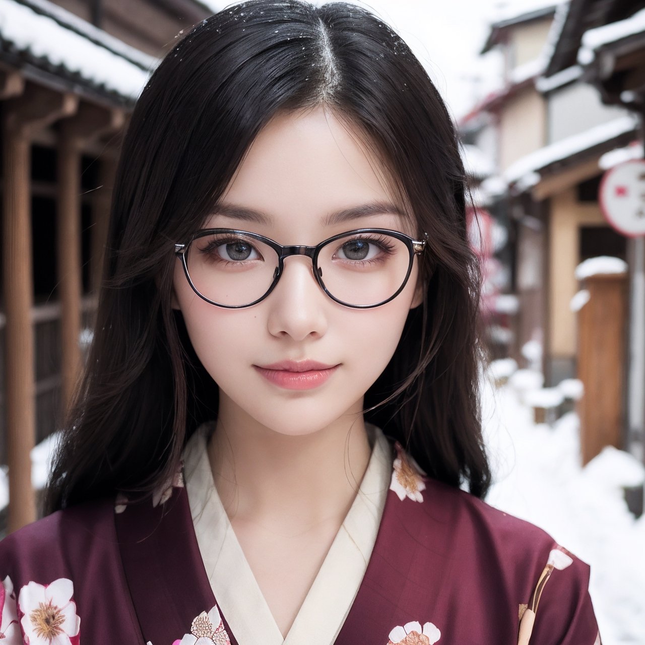 A beautiful woman walking in Gion, Kyoto ,wearing a kimono wine red color, Kimono with peony pattern, snow scene, long black hair and wears glasses, shy smile, 25 year old beautiful girl, beautiful detailed eyes, detailed face, double eyelid,1girl,solo, Beautiful japanese woman, beautiful skin, real human skin, Masterpiece,  Best Quality,  Very Detailed, 8k, Photorealistic,  soft focus,(Full-body:1.3),