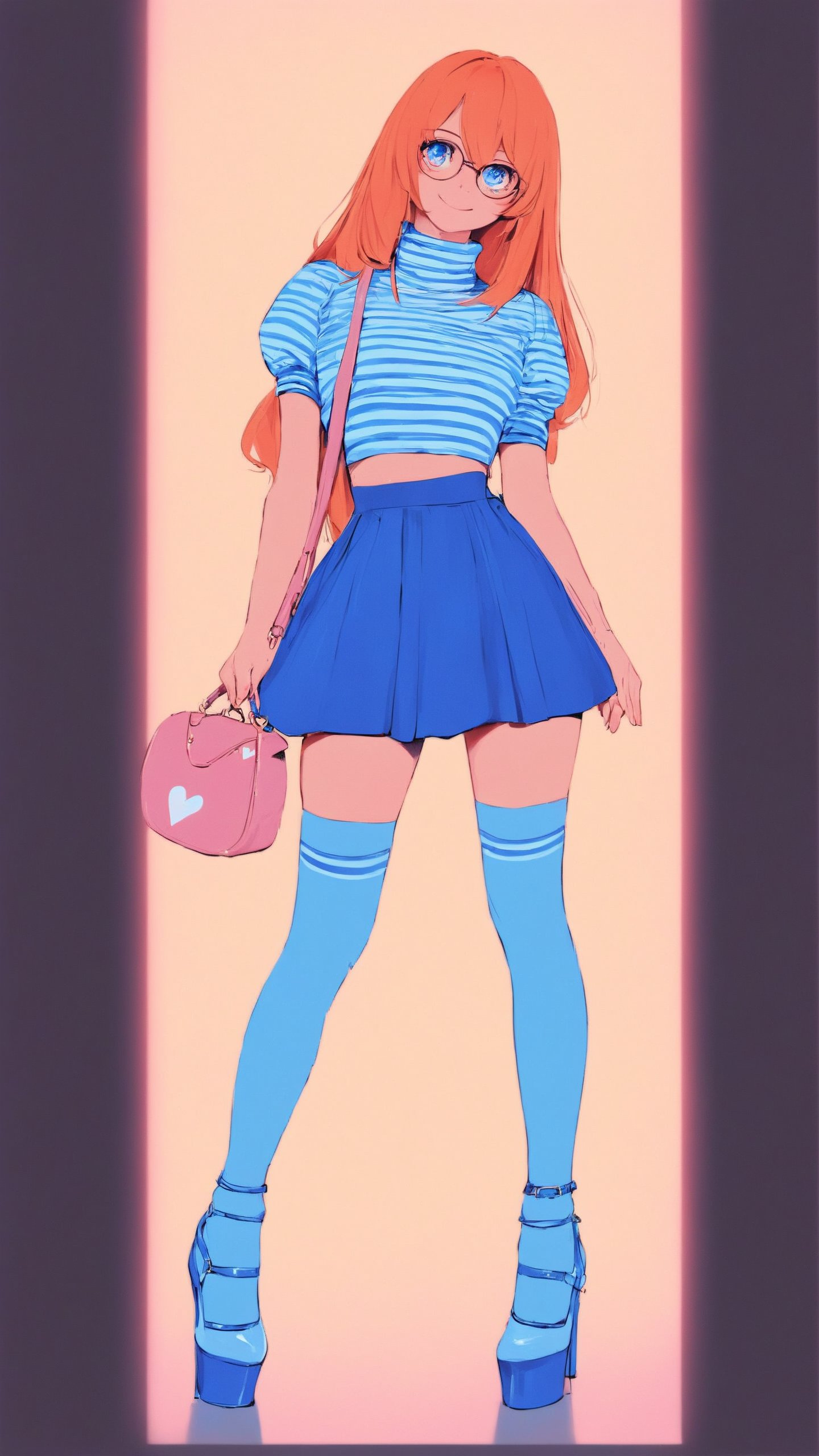 STICKER ON A WHITE BACKGROUND. green holographic silhouette, knee socks.
1girl, solo, long hair, looking at viewer, smile, bangs, blue eyes, skirt, simple background, shirt, thighhighs, hair between eyes, very long hair, standing, full body, short sleeves, heart, shoes, glasses, striped, puffy sleeves, signature, bag, orange hair, high heels, blue skirt, crop top, head tilt, turtleneck, black background, blue footwear, striped shirt, handbag, shoulder bag, blue thighhighs, aqua footwear.
photo shoot, photo_realism.
dynamic view, shadows and dynamic lighting, soft lighting, dynamic view, splitter effect, waifu. Stylish. Cute, hot, shiny. Highly detailed uhd wallpaper, cel digital animation

,neon photography style,K-Eyes,score_9,score_8_up,score_7_up,