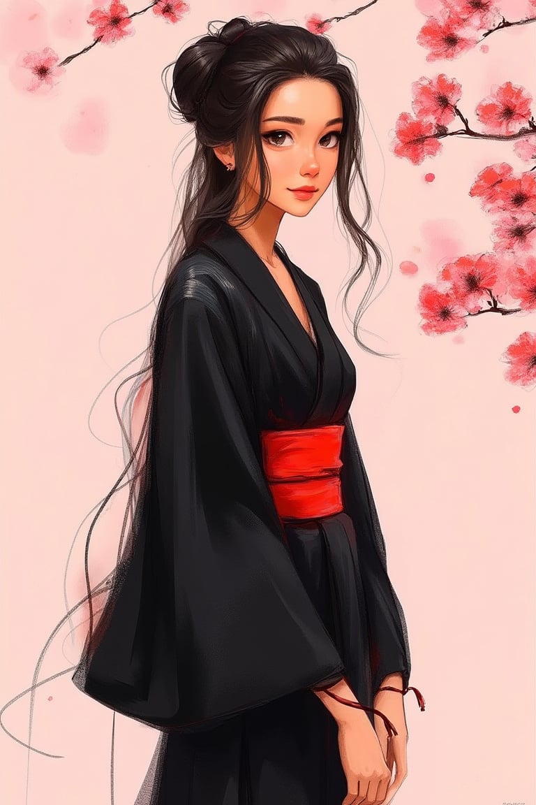 hntdlnwrk style, aesthetic, 

An animated portrait of an Asian woman in a kimono. The woman's hair is long and wavy, and she is wearing a black robe with a red belt around her waist. The background is a light pink, and there are cherry blossoms on the right side of the image.

art, colored pencil, sketch, painting, paper texture,art_solyanka,SKP-highly detailed,SamYoung_Illustration,fluxtration