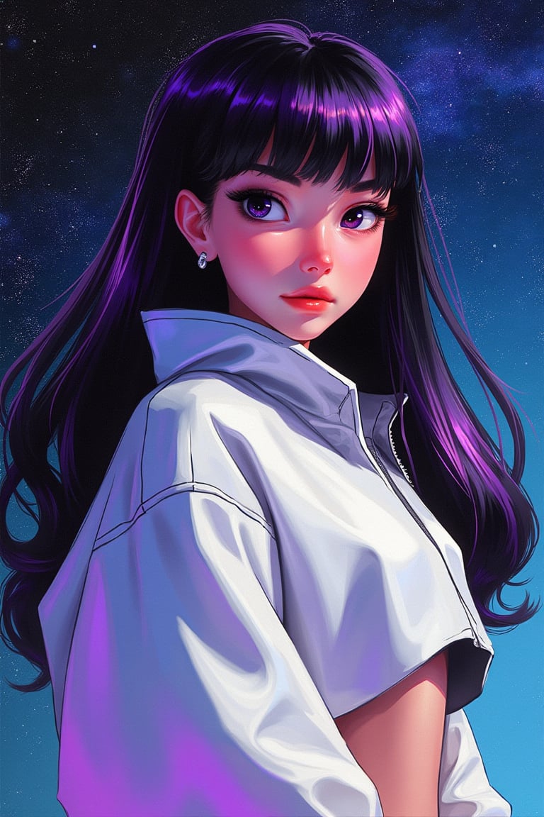 aesthetic,

score_9, score_8_up, score_7_up, (masterpiece, perfectly detailed, beautiful face, detailed eyes, vibrant colors), ultra HD, 8K, 1girl, white cropped jacket, long hair,solo,black hair, purple bang,detailed and fine eyebrows, strong lines, cleann draw, open eyes, full body, [(full-length figure)], dinamic face, BREAK star galaxy on the background, starry background, black and blue gradient background, green, lightweight design, intricate details, simple background,

add text "Drauka",

legendofnerd style, BREAK simple background, diagonal abstract structure on background, 

colored pencil, sketch, painting, paper texture,art_solyanka,SKP-highly detailed,SamYoung_Illustration