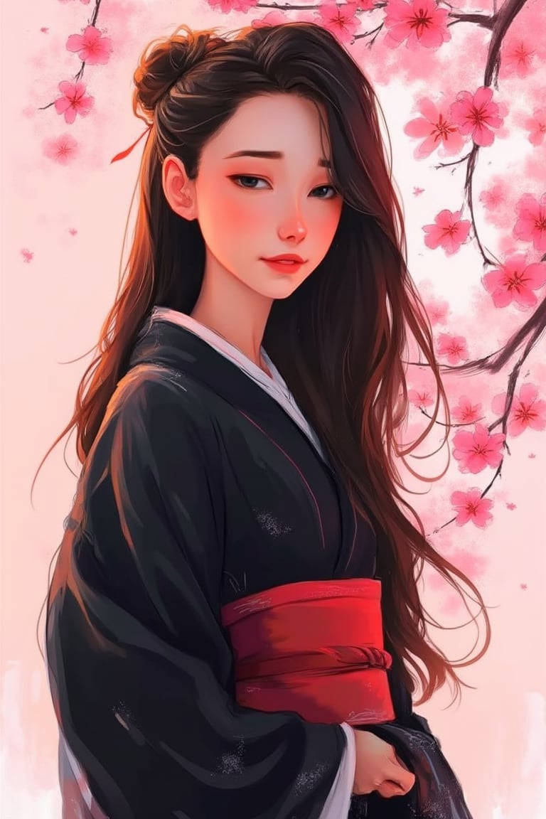 hntdlnwrk style, aesthetic, 

An animated portrait of an Asian woman in a kimono. The woman's hair is long and wavy, and she is wearing a black robe with a red belt around her waist. The background is a light pink, and there are cherry blossoms on the right side of the image.

art, colored pencil, sketch, painting, paper texture,art_solyanka,SKP-highly detailed,SamYoung_Illustration,fluxtration