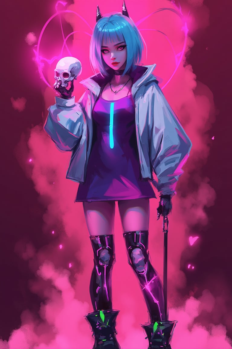 hntdlnwrk style, aesthetic, 

1girl, solo, breasts, looking at viewer, short hair, gloves, dress, blue hair, standing, jacket, full body, heart, pantyhose, parted lips, horns, fingerless gloves, pink eyes, cropped jacket, The cartoon character stands against an abstract maroon background in clouds of pink smoke. She's wearing a silver jacket and a purple top. She has bionic cybernetic legs that glow with pink neon. There is a turquoise neon stripe running down the center of the chest, and a pair of black and green boots with neon soles on the feet. Her hair is a bright shade of blue, and her eyes are a piercing pink. In her right hand she holds a skull with a pink heart above it, and her left hand is raised up. On her head she has cybernetic horns with pink neon lights.
 cyberpunk. Minimalism. 

art, colored pencil, sketch, painting, paper texture,art_solyanka,SKP-highly detailed,SamYoung_Illustration,fluxtration,ohwx style,chinese ink drawing