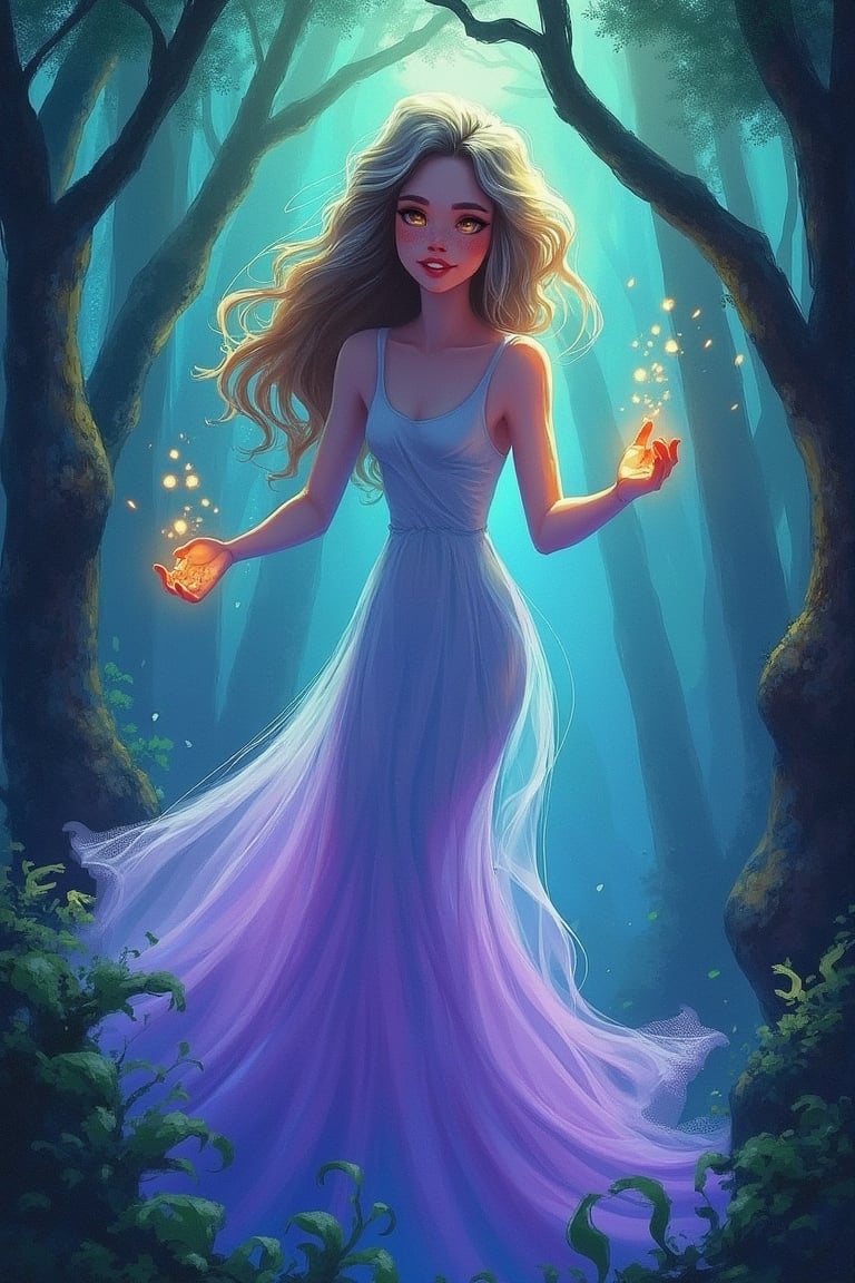 aesthetic,
source cartoon 1girl, ethereal face, glowing eyes, detailed eyes, HD eyes, soft blush, freckles, floating, looking into distance, flowing dress with gradient from teal to lavender, slender figure, long flowing hair with gradient from silver to purple, golden eyes, curly hair, parted hair, delicate eyebrows, serene smile, both hands raised, enchanted forest, ancient trees, mystical aura, glowing orbs, twilight, moonlight rays,

lightweight design, intricate details, legendofnerd style, BREAK abstract structure on background, 

colored pencil, sketch, painting, paper texture,art_solyanka,SKP-highly detailed,SamYoung_Illustration