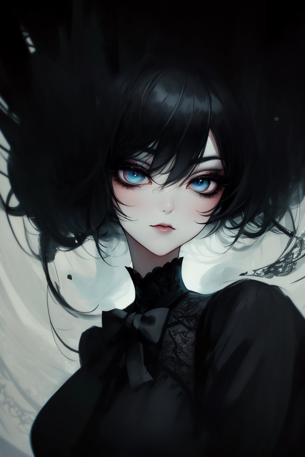 Minimalist painting, portrait of gothic girl, looking at viewer, sexy, slender body, black lace dress, tulle, full black lips, eye drawing, tuxedo eyes, long fluffy lashes, in the style of esao andrews, K-Eyes