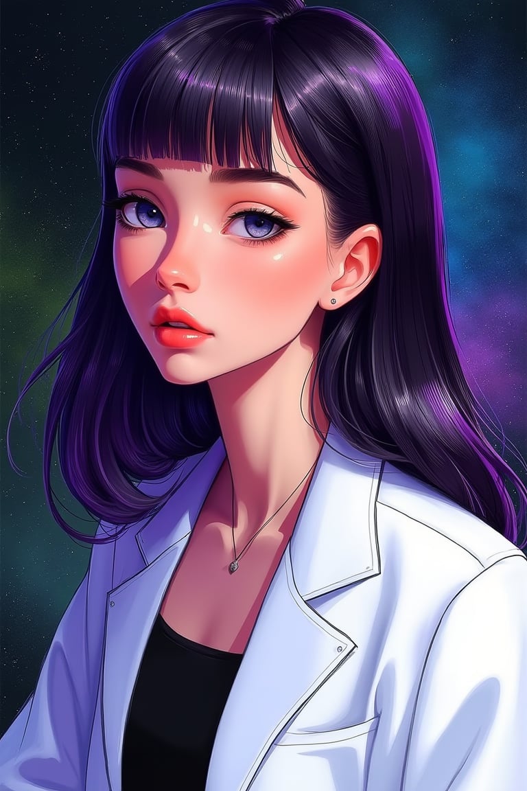 aesthetic,

score_9, score_8_up, score_7_up, (masterpiece, perfectly detailed, beautiful face, detailed eyes, vibrant colors), ultra HD, 8K, 1girl, white cropped jacket, long hair,solo,black hair, purple bang,detailed and fine eyebrows, strong lines, cleann draw, open eyes, full body, dinamic face, BREAK star galaxy on the background, starry background, black and blue gradient background, green, lightweight design, intricate details, simple background,

add text "Drauka",

legendofnerd style, BREAK simple background, diagonal abstract structure on background, 

colored pencil, sketch, painting, paper texture,art_solyanka,SKP-highly detailed,SamYoung_Illustration