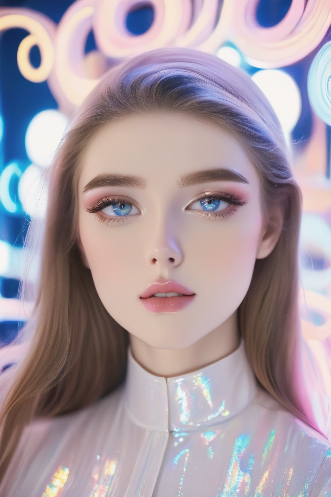 portrait, A young model, a stunning girl with big bright eyes, with long straight brown hair, dressed in mother-of-pearl white clothes that shimmer like a translucent neon sign, causing a feeling of light, renewal and brightness - neon photography style, fine porcelain skin like a vintage doll, light pink and blue veins are visible, gentle make-up on the face, iridescent glitters on the eyelids and lips, K-Eyes