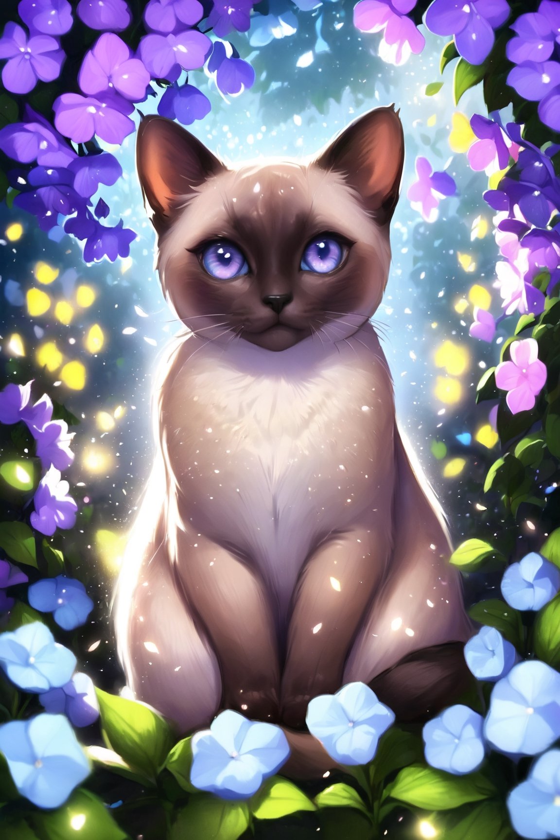 Realistic Siamese cat, purple diamond eyes with sparkles, an arch of white and blue hydrangeas, in the background a night garden of fluffy hydrangeas with glowing little fireflies, divine lighting, cute, 4k, unreal engine 5, K-Eyes