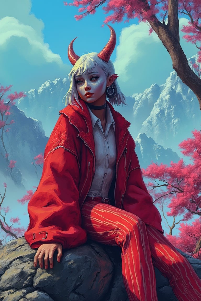 hntdlnwrk style, aesthetic, mad-vprwv cyberpunk,

a cartoon character, dressed in a red jacket, adorned with a white button-down shirt and red striped pants. The character's head is adorned with two horns, one on each side of her head . She is sitting on a rock, her legs crossed, and her hands resting on her knees. The background is blurred, revealing a mountain range, dotted with trees and foliage. The sky is a muted blue, with a few wispy clouds, adding a pop of color to the scene.

neon, vaporwave.

art, colored pencil, sketch, painting, paper texture,art_solyanka,SKP-highly detailed,SamYoung_Illustration,fluxtration