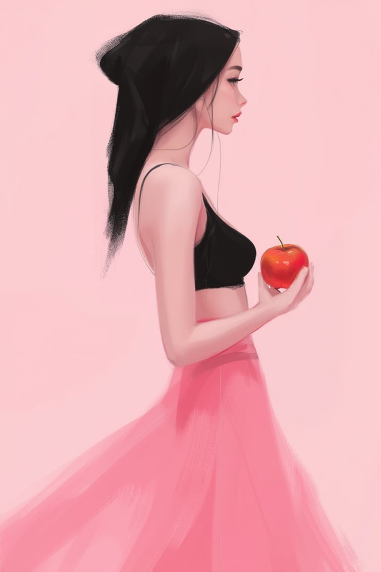 hntdlnwrk style, aesthetic, 

An abstract digital art painting depicting a woman in a semi-transparent modest pink dress and a black bra. Portrait in profile, A woman holding an apple in her right hand. On her head she has a black plain little scarf. abstract minimalistic pastel light pink background. Minimalism. 

art, colored pencil, sketch, painting, paper texture,art_solyanka,SKP-highly detailed,SamYoung_Illustration,fluxtration