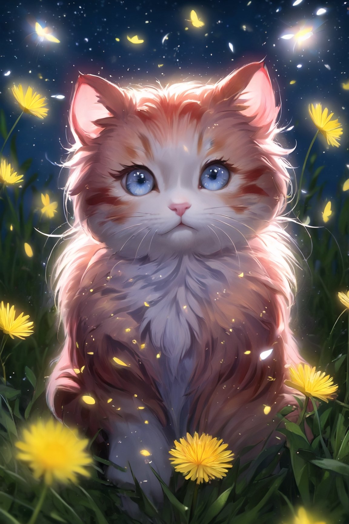 Realistic cat in a flower wreath of dandelion flowers, red hair with white stripes, blue eyes with golden highlights, night dandelion garden with glowing little fireflies in the background, divine lighting, cute, 4k, unreal engine 5, K-Eyes