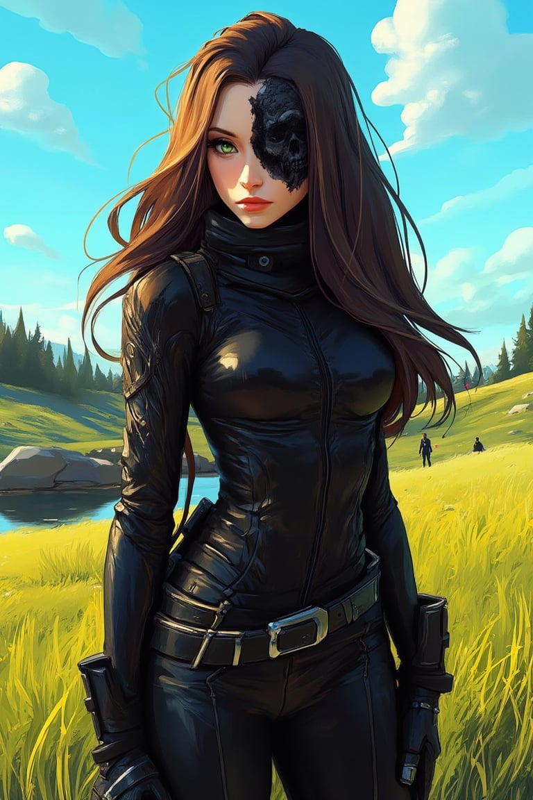 hntdlnwrk style, aesthetic, mad-vprwv cyberpunk,

A cartoon girl with long brown hair, dressed in black leather clothes and a black patch over one eye with a skull image. She has piercing green eyes and her hair cascades over her shoulders. She stands in the middle of a grassy field, with a large stone lying to her left. A pond is visible in the distance, and a man is walking in the distance. The sky is blue, dotted with white clouds, adding a pop of color to the scene.

neon, vaporwave.

art, colored pencil, sketch, painting, paper texture,art_solyanka,SKP-highly detailed,SamYoung_Illustration,fluxtration