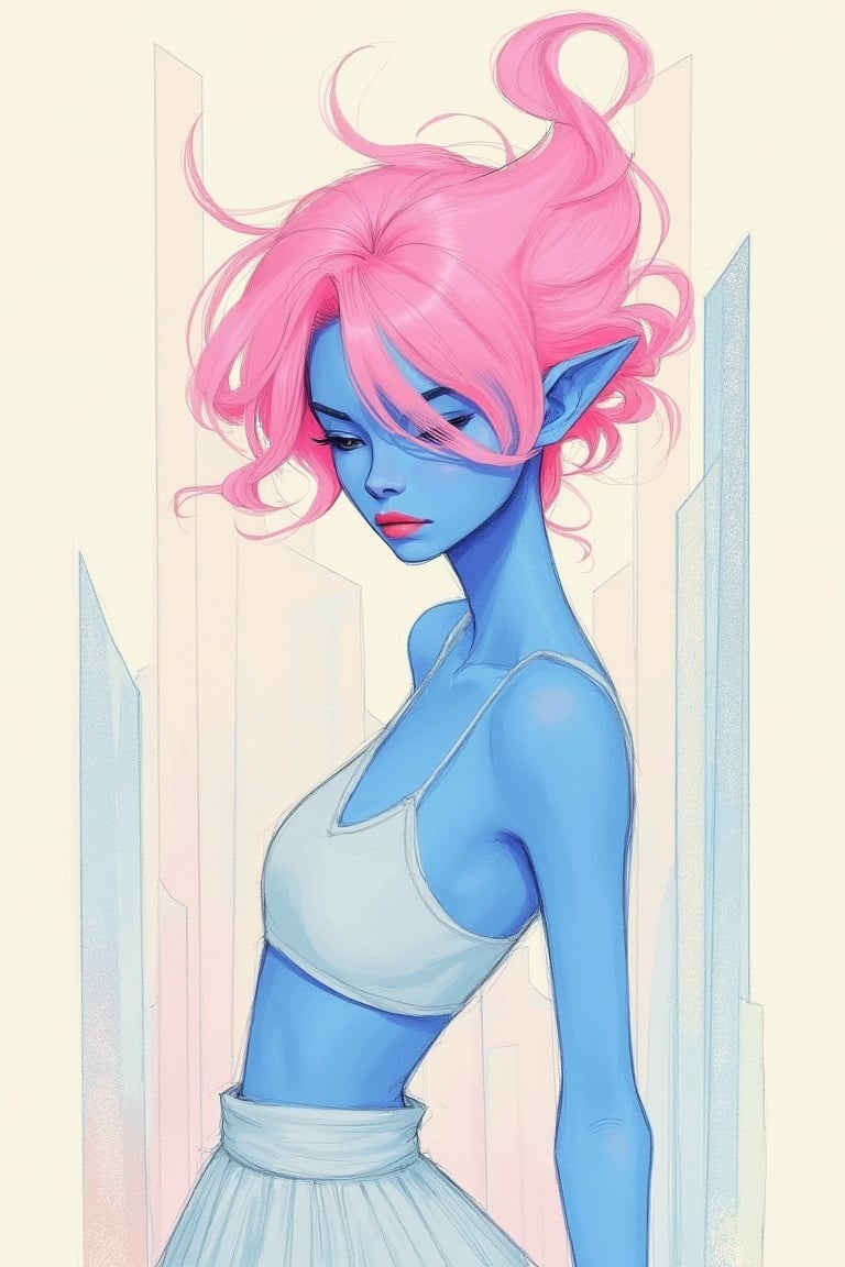 aesthetic,
1girl, pointy ears, translucent blue skin, translucent pink hair, expressionless, solo, fairy, hair between eyes, upper body, dynamic pose, simple building background, white skirt,

lightweight design, intricate details, legendofnerd style, BREAK abstract structure on background, 

colored pencil, sketch, painting, paper texture,art_solyanka,SKP-highly detailed,SamYoung_Illustration