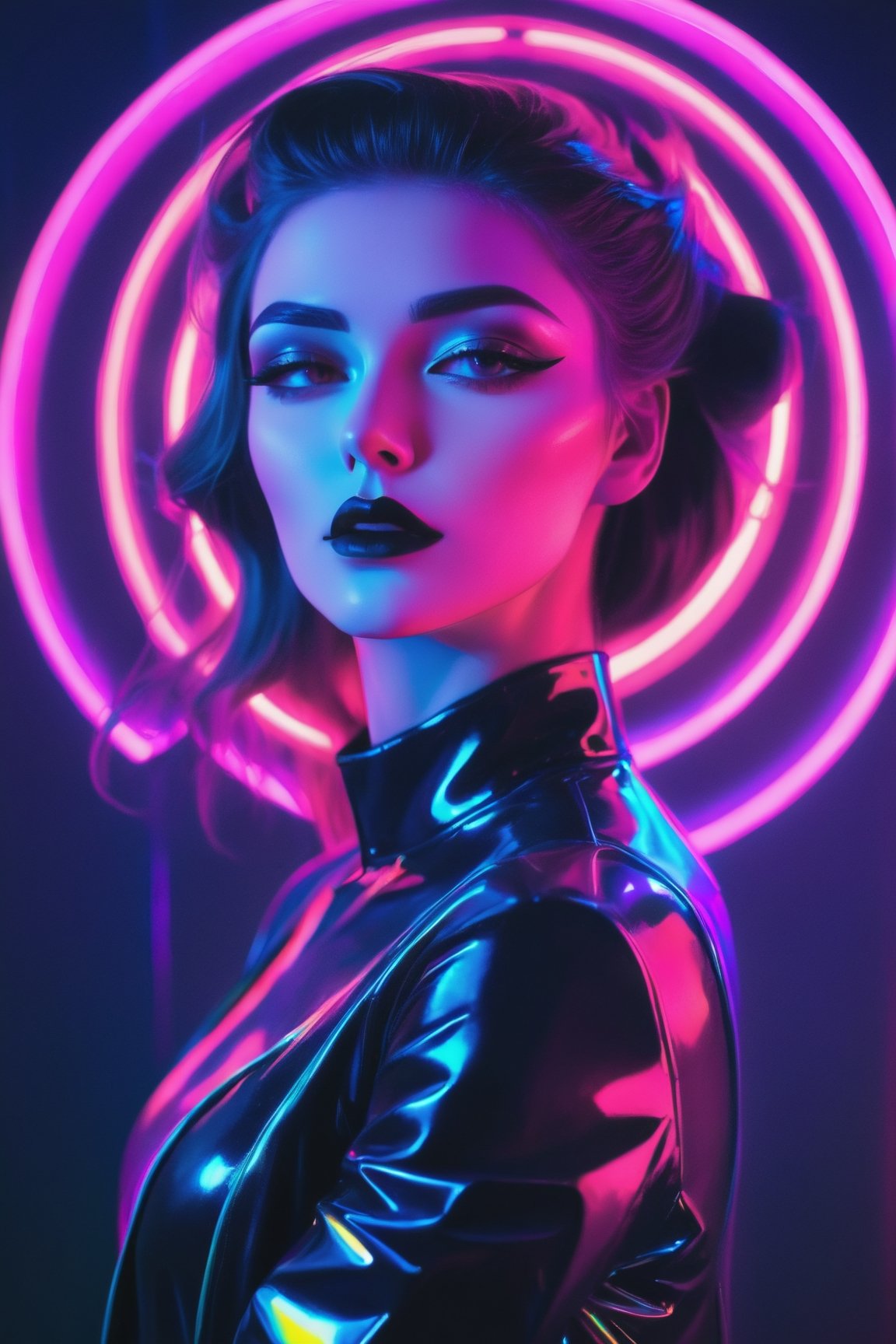 The model girl stands as a beacon of Synthwave, her form a harmonious blend of holographic layers and gothic contours, outlined in vibrant neon.,neon photography style, Gothic background and lights dimmed,K-Eyes