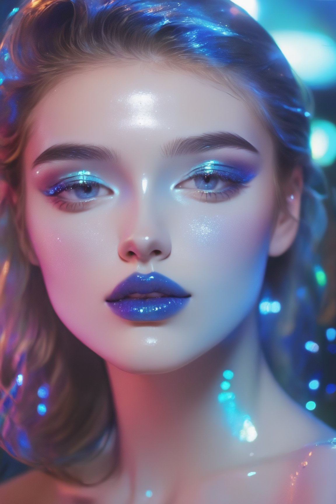 portrait, A young model, an amazing girl, dressed in a blue dress that shimmers like a translucent neon sign, causing a feeling of freshness, renewal and brightness - the style of neon photography, wet makeup on her face, iridescent glitters on her eyelids and lips, K-Eyes