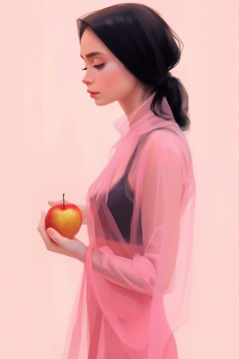 hntdlnwrk style, aesthetic, 

An abstract digital art painting depicting a woman in a semi-transparent modest pink dress and a black bra. Portrait in profile, A woman holding an apple in her right hand. On her head she has a black plain little scarf. abstract minimalistic pastel light pink background. Minimalism. 

art, colored pencil, sketch, painting, paper texture,art_solyanka,SKP-highly detailed,SamYoung_Illustration,fluxtration