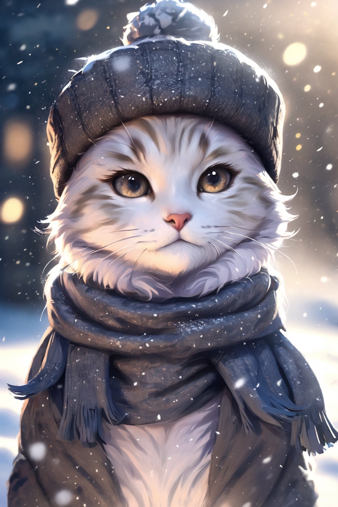 Realistic cat in a winter hat, scarf, snow falling on the background, divine lighting, cute, 4k, unreal engine 5, K-Eyes