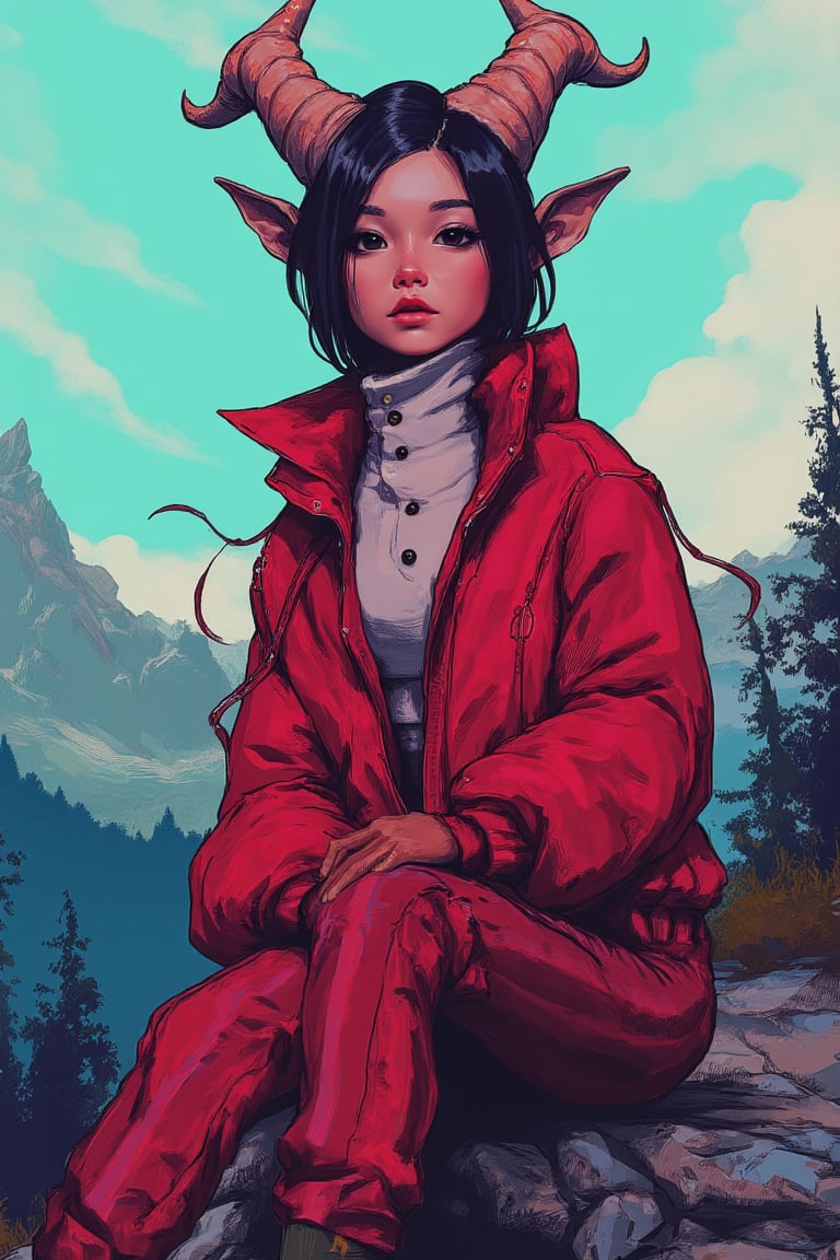 hntdlnwrk style, aesthetic, mad-vprwv cyberpunk,

a cartoon character, dressed in a red jacket, adorned with a white button-down shirt and red striped pants. The character's head is adorned with two horns, one on each side of her head . She is sitting on a rock, her legs crossed, and her hands resting on her knees. The background is blurred, revealing a mountain range, dotted with trees and foliage. The sky is a muted blue, with a few wispy clouds, adding a pop of color to the scene.

neon, vaporwave.

art, colored pencil, sketch, painting, paper texture,art_solyanka,SKP-highly detailed,SamYoung_Illustration,fluxtration