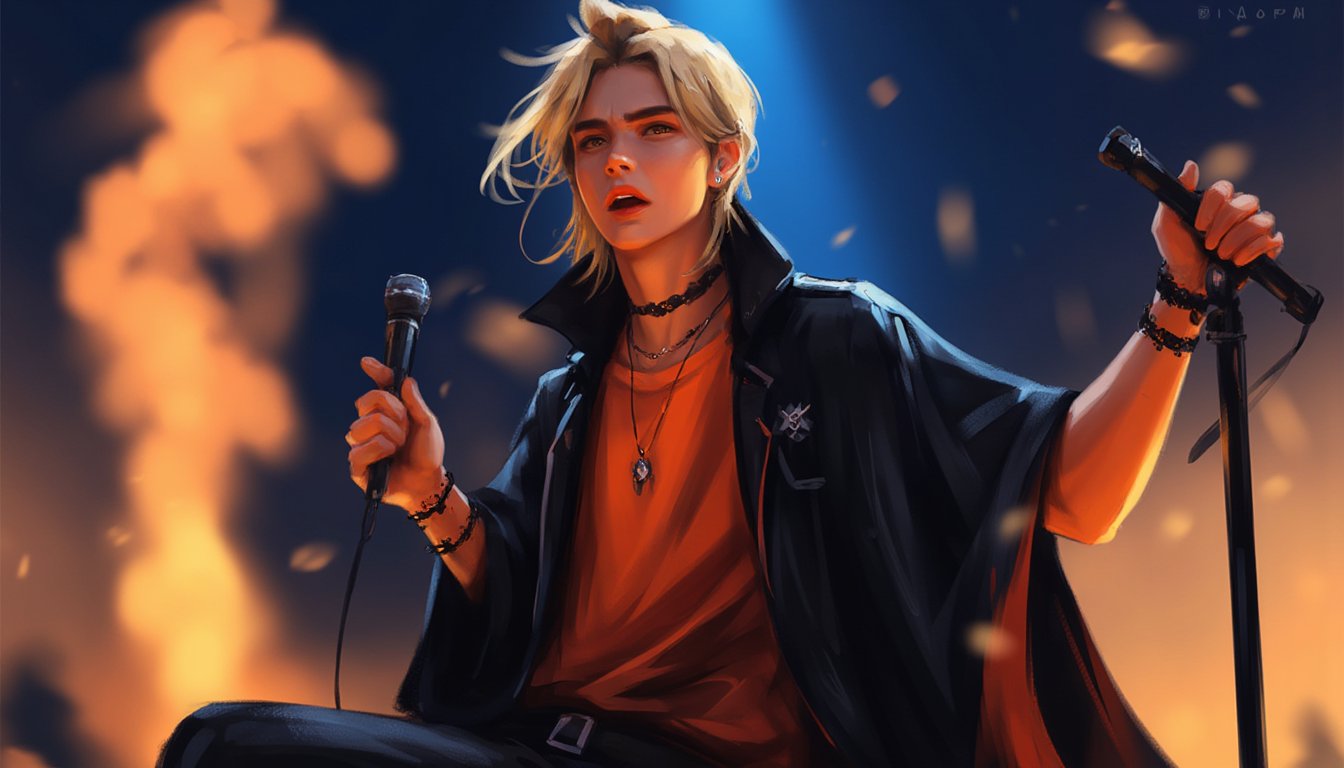 In the vibrant world of At the Gates, Viktorija Moody's Game art, Amber and Resplendent Dynamic captures a moment,

((1guy)), ((male accent)), solo, open mouth, blonde hair, hair ornament, 1boy, jewelry, male focus, belt, necklace, cape, bracelet, sunglasses, microphone, music, singing, orange shirt, microphone stand, vibrating pose. An animated image of a man with a microphone in his hands. The man is wearing a black raincoat with a black belt around his waist. He has long blond hair that flutters in the wind. He has black bracelets on his left wrist. His left hand is raised up. He holds a microphone in his right hand. The microphone is black. The background is dark blue, orange smoke rises from behind him. The background is blurred, which creates a sharp contrast with the character's outfit.

with a text in the upper right corner that reads "DRAUKA".

volumetric lighting, brutalism. Framed at 270mm with a shallow depth of field. 

art, colored pencil, sketch, painting, paper texture,art_solyanka,SKP-highly detailed,SamYoung_Illustration,fluxtration,ohwx style,Curi,1xcurx1,2xcurx2,1xcurx1,2xcurx2,1xcurx1,Xpoolx,Xshortx,Xmilitaryx,Xbeachx,Xmilitaryx,XCheckeredx 