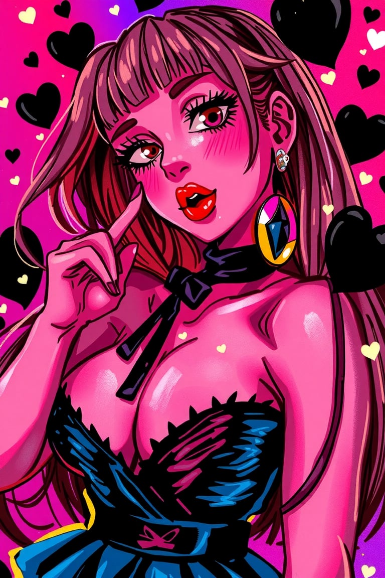 hntdlnwrk style, aesthetic, goth girl, large breasts, glowing lights, glowing, (straight hair), g0thicPXL, long eyelashes, blushing, (blowing a kiss), floating black hearts.

art, colored pencil, sketch, painting, paper texture,art_solyanka