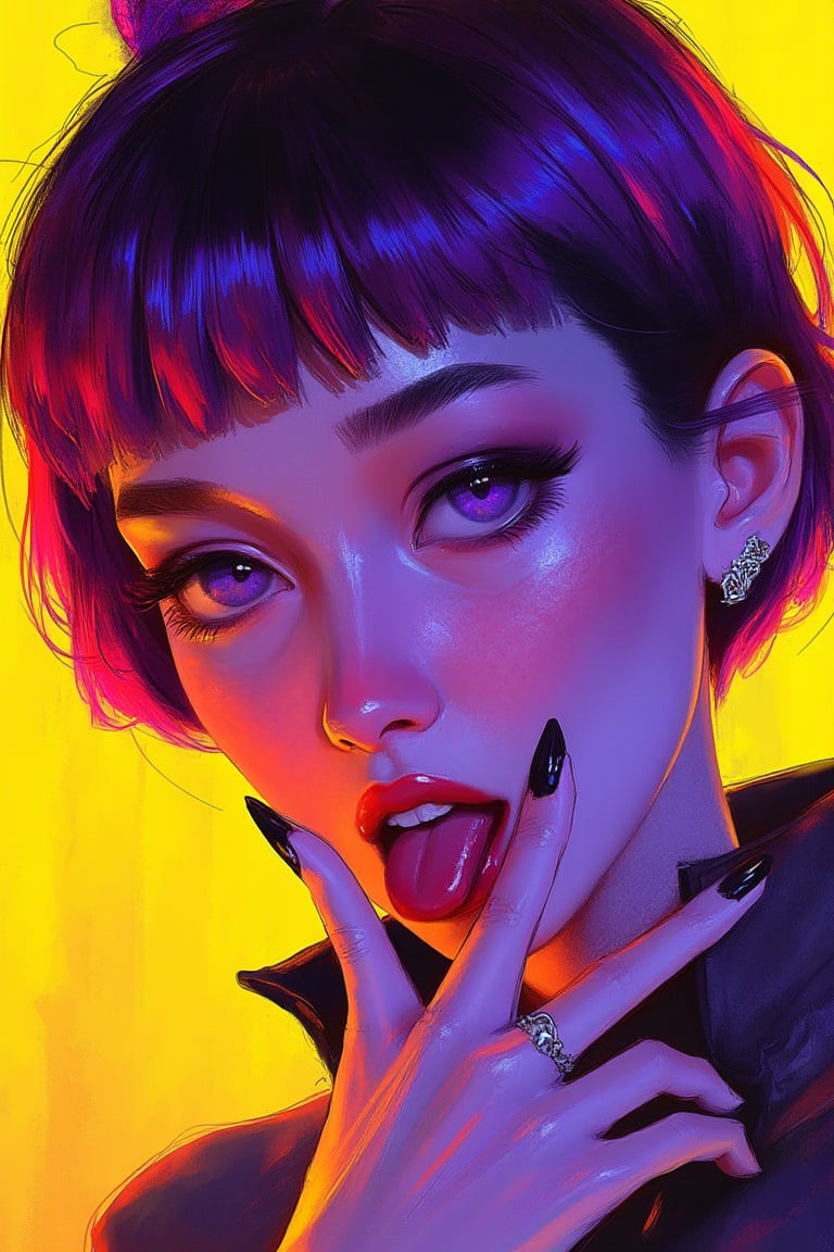 hntdlnwrk style, aesthetic, mad-vprwv cyberpunk,

A digital art painting of a woman, core_9,score_8_up,score_7_up,score_6_up, 1girl, solo, tongue, purple eyes, tongue out, bangs, looking at viewer, makeup, black nails, short hair, purple hair, fang, portrait, nail polish, bob cut, eyeliner, close-up, oni horns, yellow background, eyeshadow, eyelashes, short eyebrows, fingernails, blunt bangs, open mouth, finger to mouth, thick eyebrows.

neon, vaporwave.

art, colored pencil, sketch, painting, paper texture,art_solyanka,SKP-highly detailed,SamYoung_Illustration,fluxtration