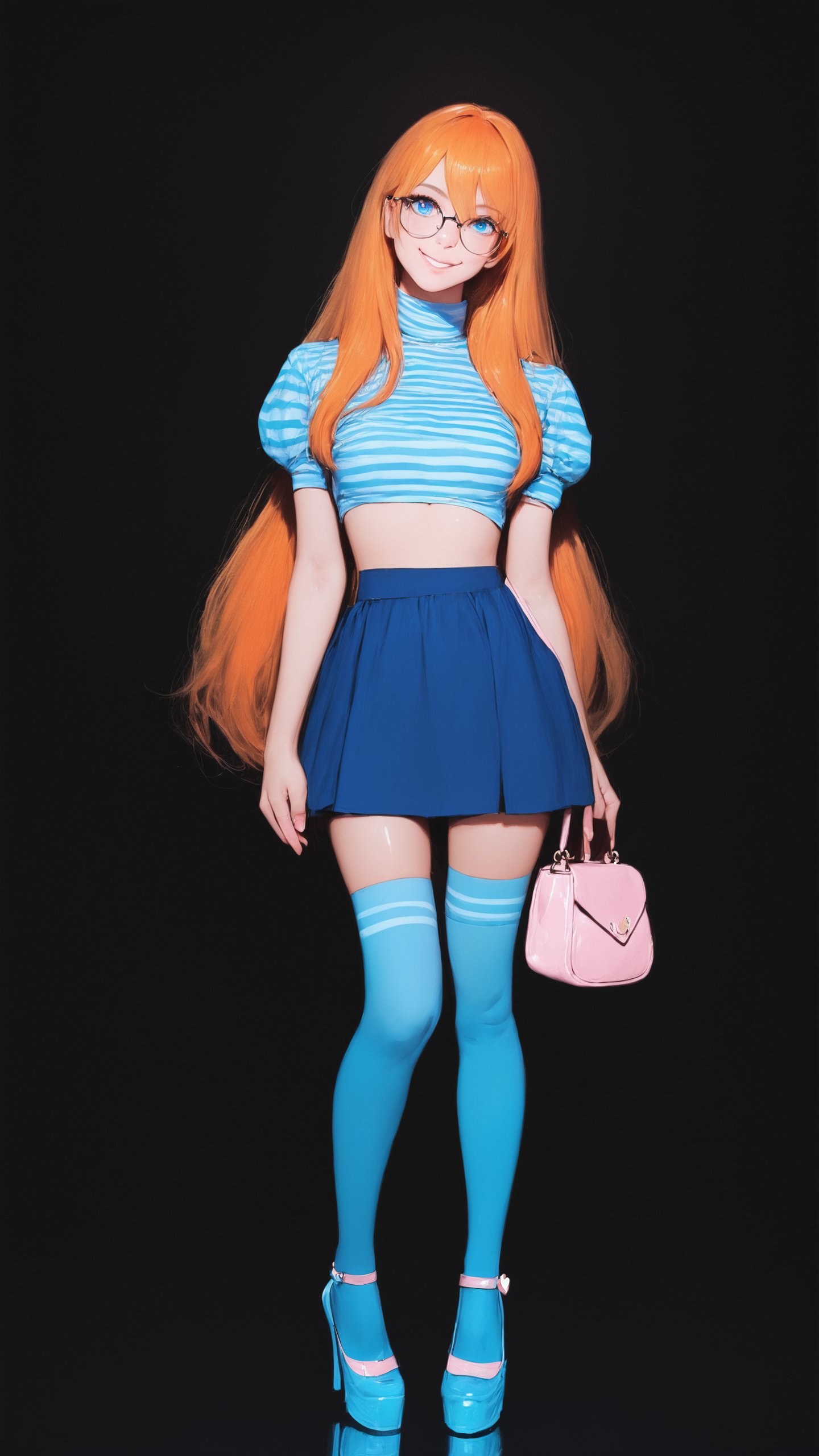 STICKER ON A WHITE BACKGROUND. green holographic silhouette, knee socks.
1girl, solo, long hair, looking at viewer, smile, bangs, blue eyes, skirt, simple background, shirt, thighhighs, hair between eyes, very long hair, standing, full body, short sleeves, heart, shoes, glasses, striped, puffy sleeves, signature, bag, orange hair, high heels, blue skirt, crop top, head tilt, turtleneck, black background, blue footwear, striped shirt, handbag, shoulder bag, blue thighhighs, aqua footwear.
photo shoot, photo_realism.
dynamic view, shadows and dynamic lighting, soft lighting, dynamic view, splitter effect, waifu. Stylish. Cute, hot, shiny. Highly detailed uhd wallpaper, cel digital animation

,neon photography style,K-Eyes,score_9,score_8_up,score_7_up,