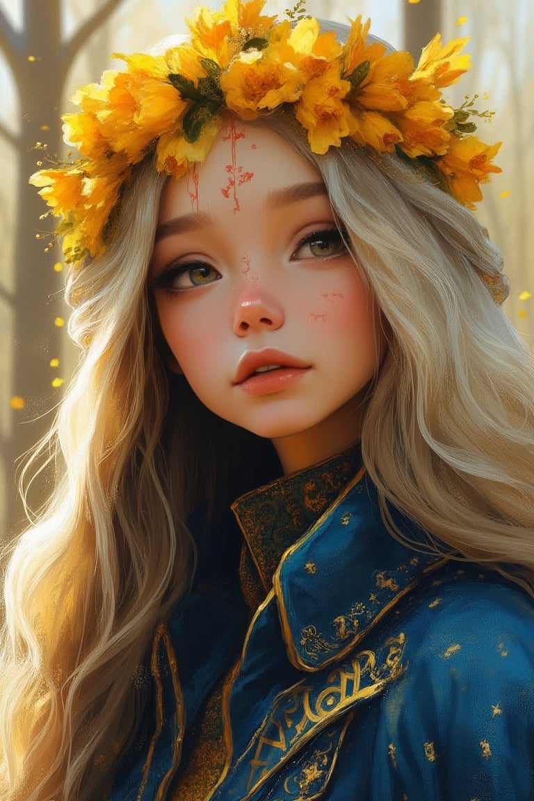 hntdlnwrk style, aesthetic, 

A waist-high portrait of a girl who looks like a porcelain doll with long blond hair, decorated with a crown of magical yellow flowers. A mystical small pattern of red paint is depicted on the girl's forehead, which gives the scene brightness and fabulousness. The background is blurred, which creates a sharp contrast with the girl's outfit. The woman's outfit is decorated with a dark blue with a gold pattern, a blue jacket with rune-like ornaments is draped over her shoulders.

art, colored pencil, sketch, painting, paper texture,art_solyanka,SKP-highly detailed,SamYoung_Illustration,fluxtration